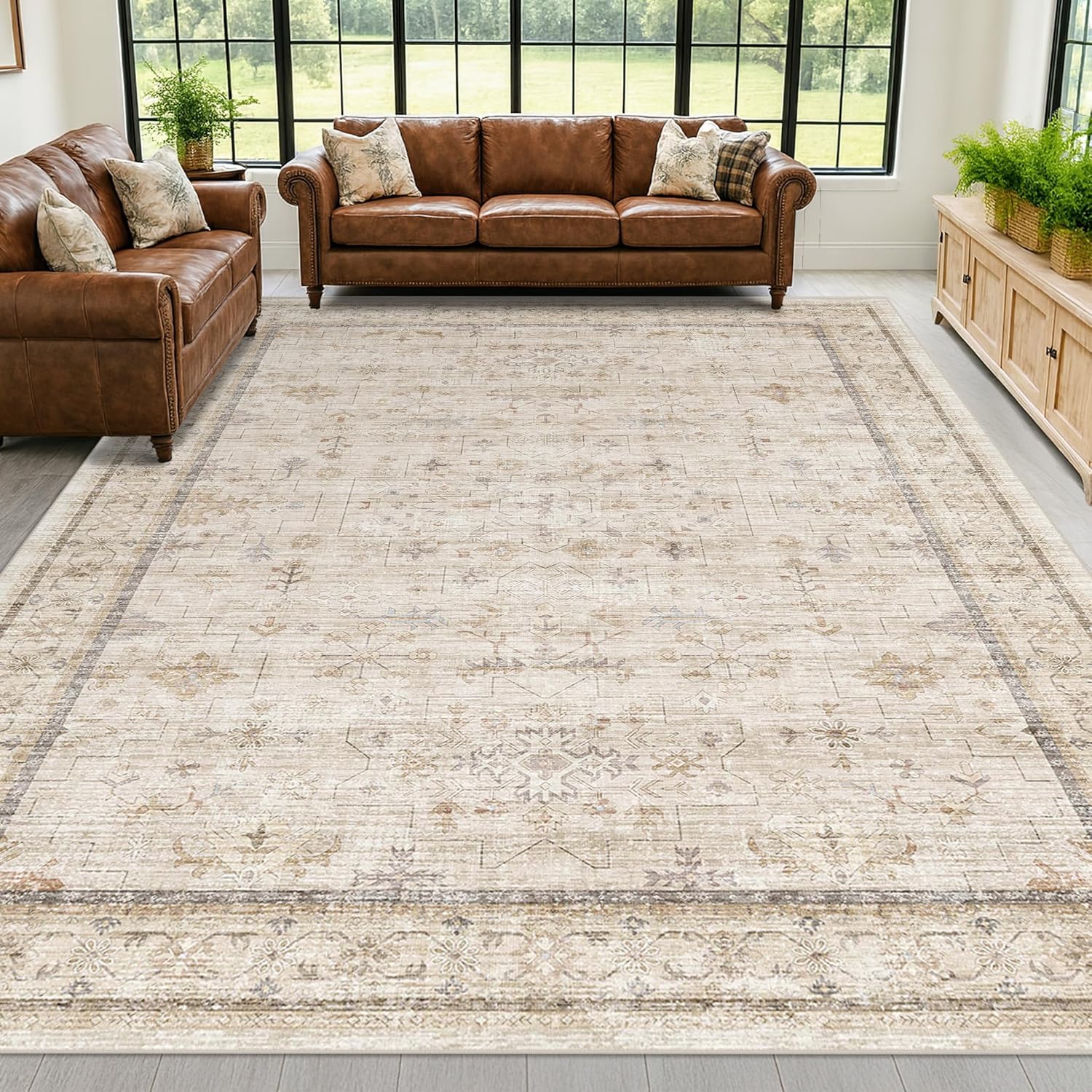 Black Farmhouse Washable 8x10 Area Rugs for Living Room, Bedroom, Dining Room Kitchen Table Rug for Under Table, Office, Dark Charcoal Tumble Stain Resistant Non-Slip Large Washable (8x10 Black/Multi)