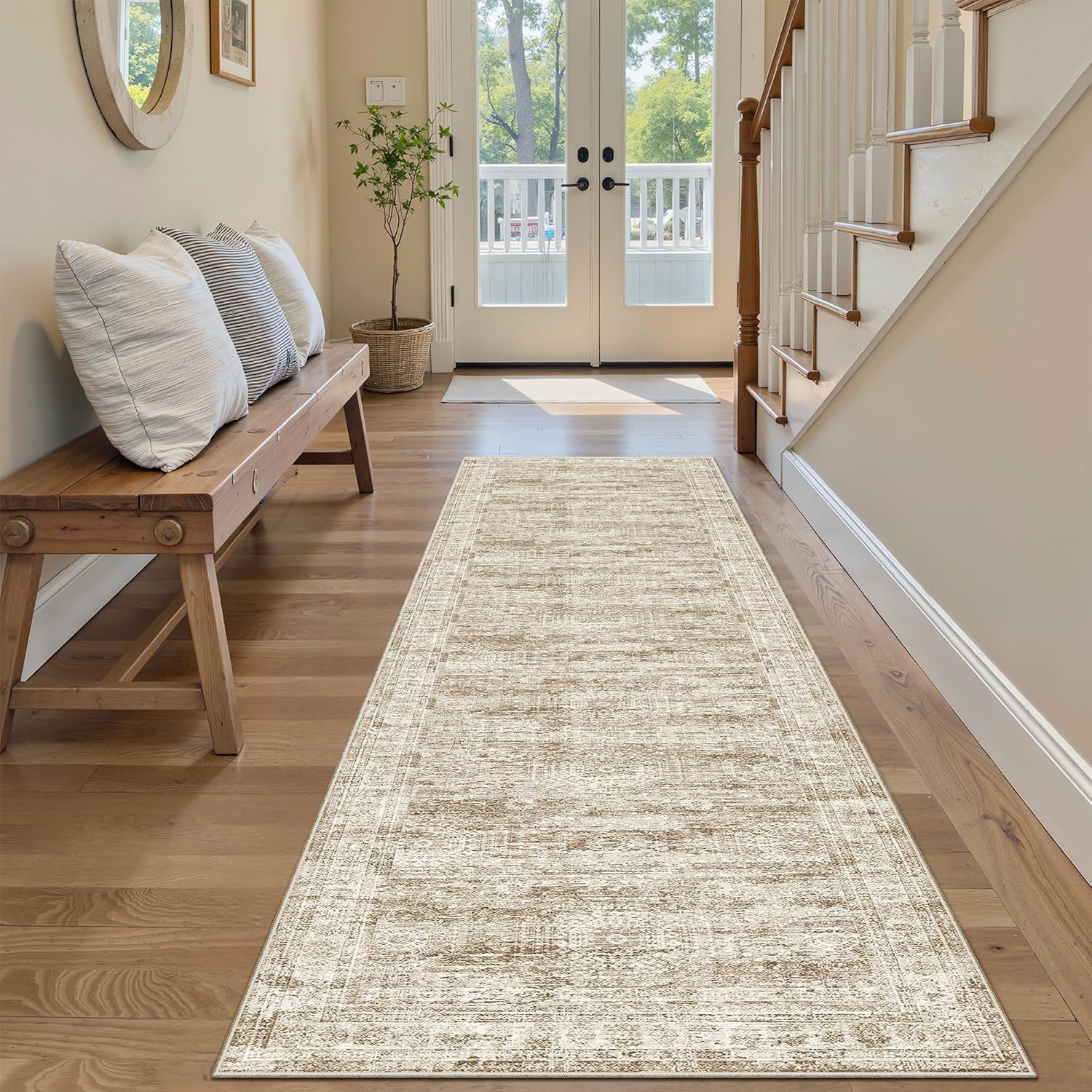 Washable Area Rug 8x10, Large Soft Rugs for Living Room Vintage Beige Carpet 8x10 Area Rugs for Bedroom Dining Room Non-Slip Stain Resistant Under Table Rug