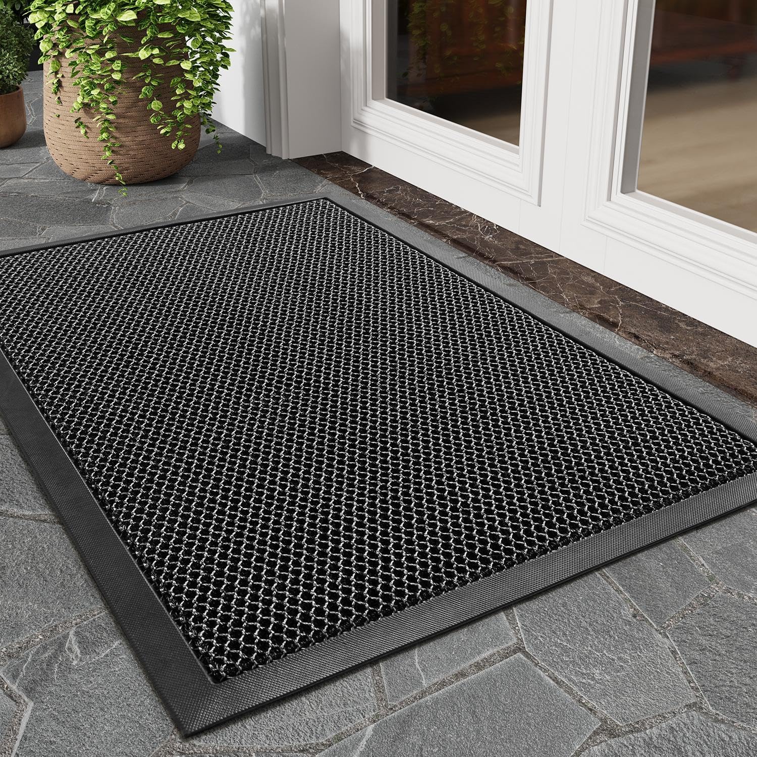 tchdio Front Door Mat Outside Entrance, Dirt Trapper Doormat-Entrance Welcome Matt Durable, Heavy Duty Entry Mat Non Slip Rubber Mats for Outside Stain Resist Door Mats for Entryway, 24"x36" Black