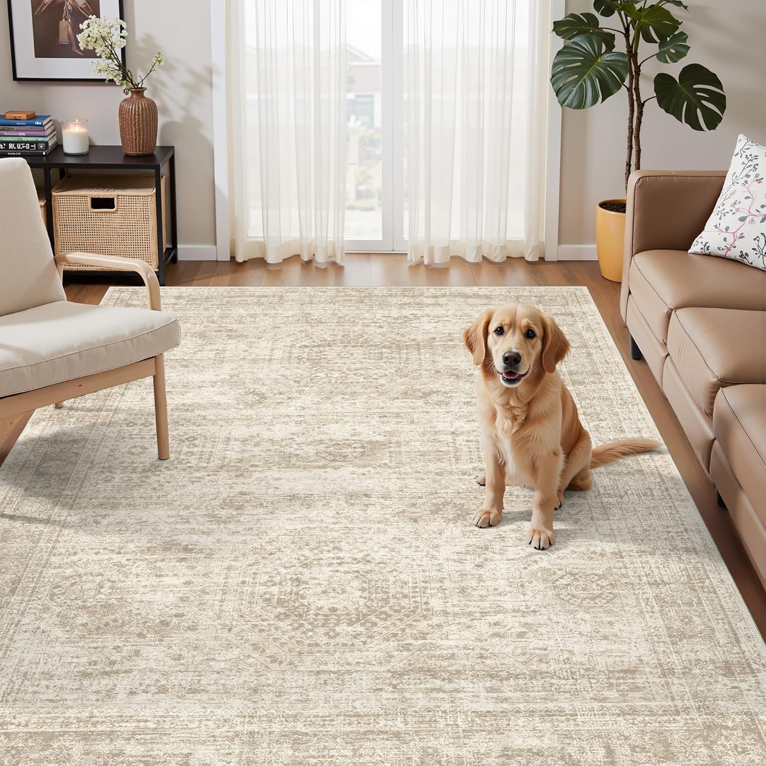 Washable Area Rug 8x10, Large Soft Rugs for Living Room Vintage Beige Carpet 8x10 Area Rugs for Bedroom Dining Room Non-Slip Stain Resistant Under Table Rug