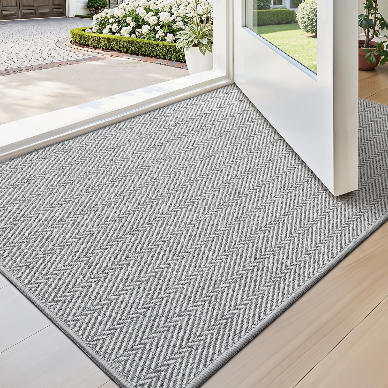 LUMI Ultra Thin Indoor Door Mat for Entrance 48"x72", Non Slip Entryway Mat, Low Profile Doormat, Unique Herringbone Design Carpet for Inside, Patio, Porch, Gray