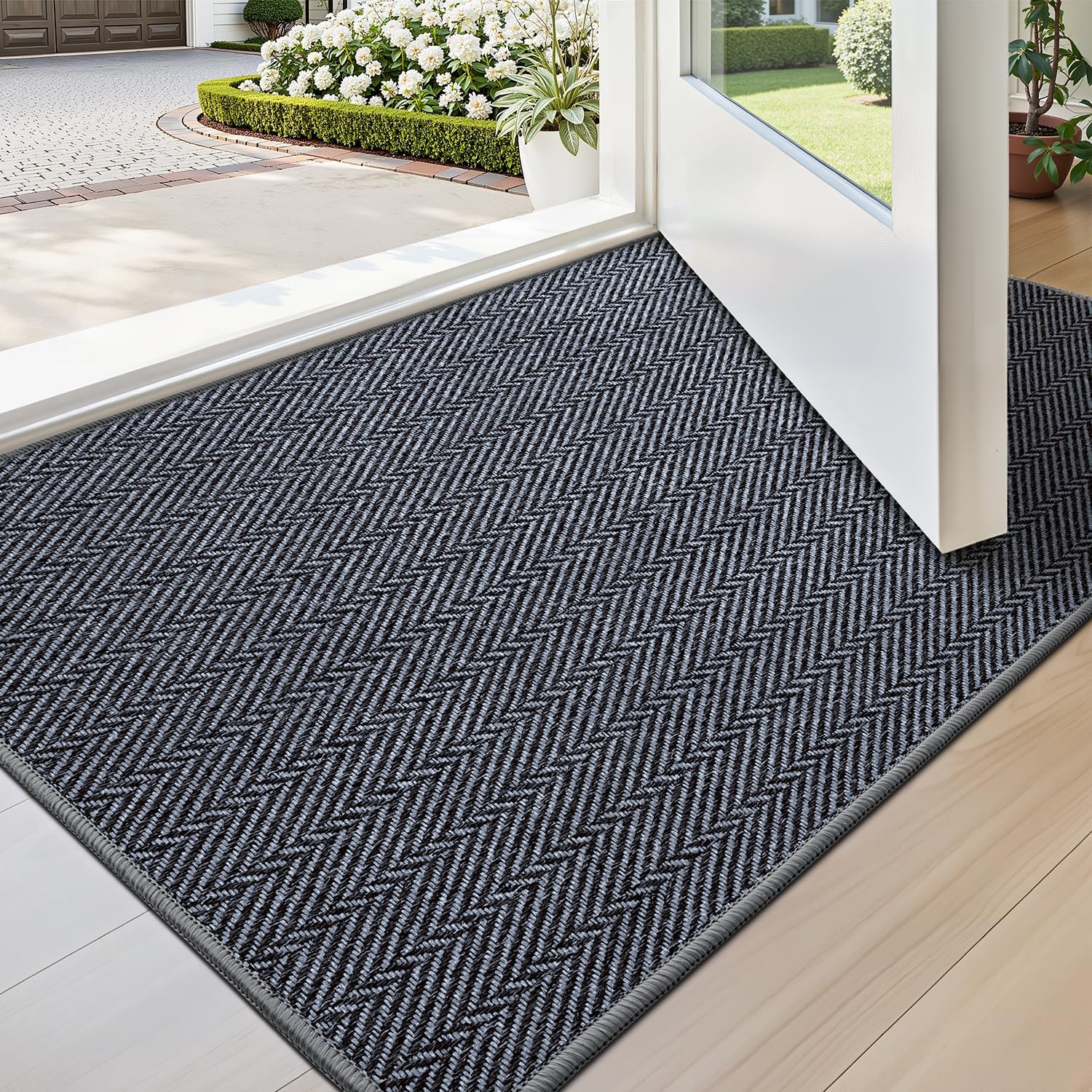 LUMI Ultra Thin Indoor Door Mat for Entrance 48"x72", Non Slip Entryway Mat, Low Profile Doormat, Unique Herringbone Design Carpet for Inside, Patio, Porch, Gray