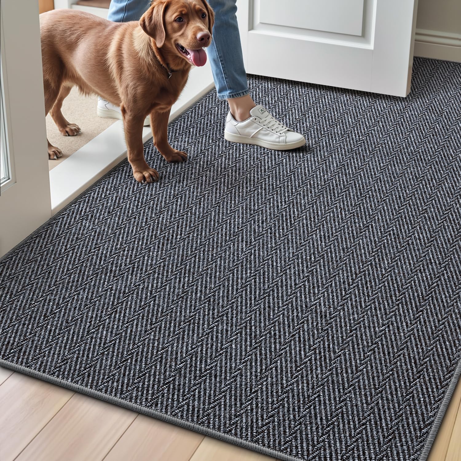 LUMI Ultra Thin Indoor Door Mat for Entrance 48"x72", Non Slip Entryway Mat, Low Profile Doormat, Unique Herringbone Design Carpet for Inside, Patio, Porch, Gray