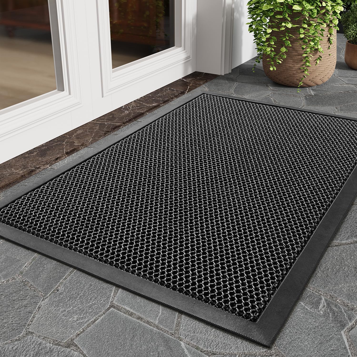 tchdio Front Door Mat Outside Entrance, Dirt Trapper Doormat-Entrance Welcome Matt Durable, Heavy Duty Entry Mat Non Slip Rubber Mats for Outside Stain Resist Door Mats for Entryway, 24"x36" Black