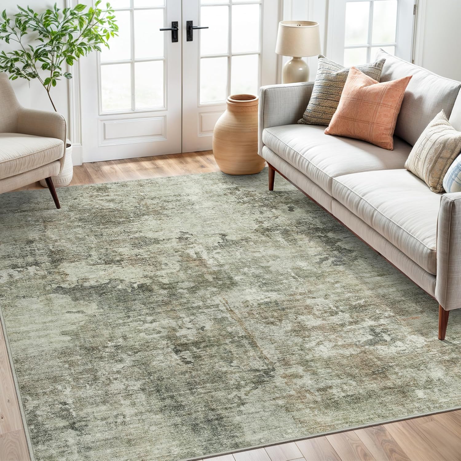 Washable Area Rug 8x10, Large Soft Rugs for Living Room Vintage Beige Carpet 8x10 Area Rugs for Bedroom Dining Room Non-Slip Stain Resistant Under Table Rug
