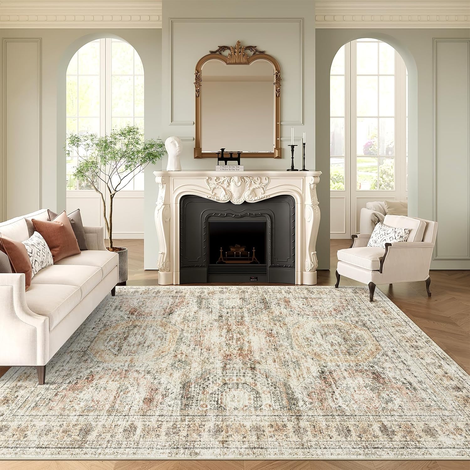 Washable Area Rug 8x10, Large Soft Rugs for Living Room Vintage Beige Carpet 8x10 Area Rugs for Bedroom Dining Room Non-Slip Stain Resistant Under Table Rug