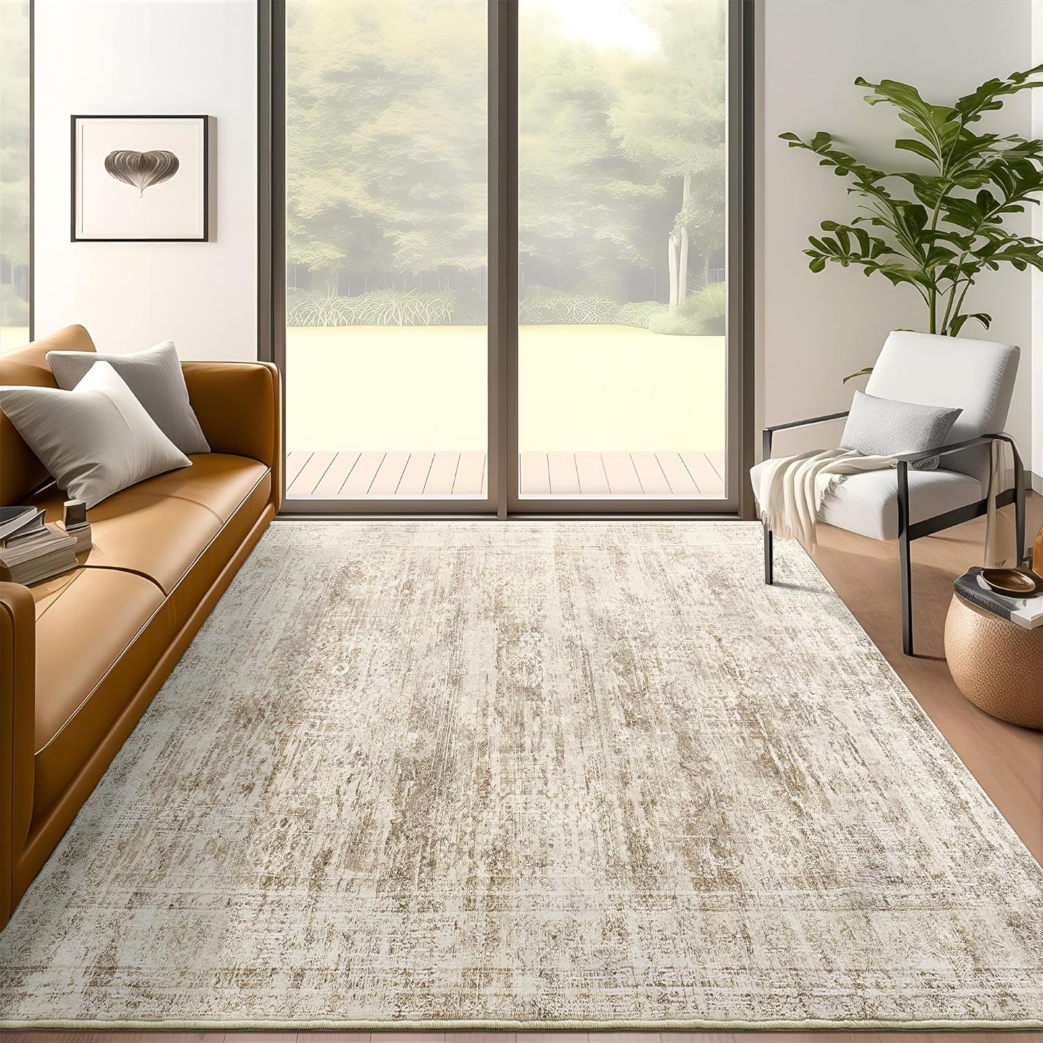 Washable Area Rug 8x10, Large Soft Rugs for Living Room Vintage Beige Carpet 8x10 Area Rugs for Bedroom Dining Room Non-Slip Stain Resistant Under Table Rug