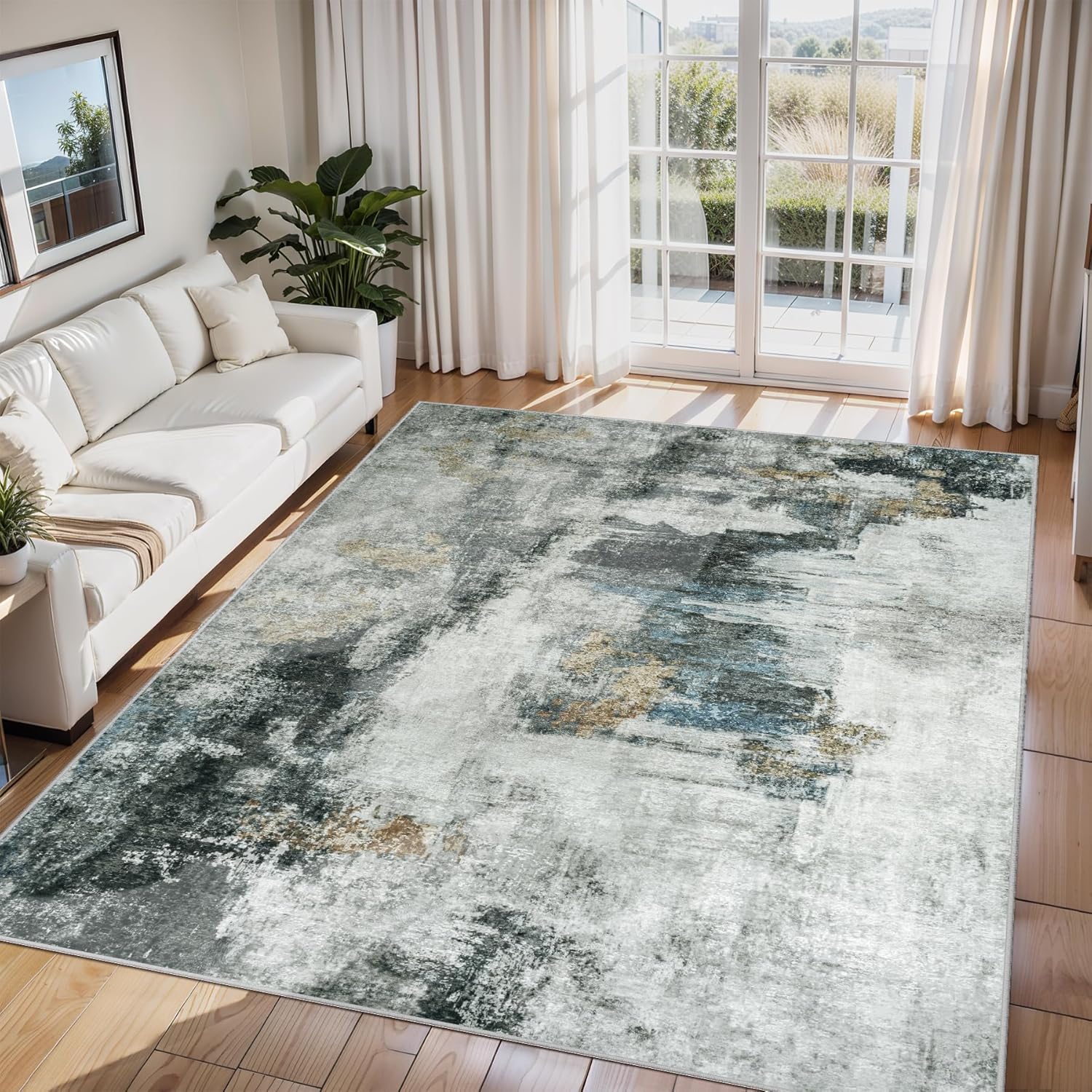8x10 Area Rugs for Living Room Rug Washable: Abstract Large Rug for Dining Room Bedroom Carpet Non Slip 8 by 10 Indoor Modern Nursery Home Office Blue Grey