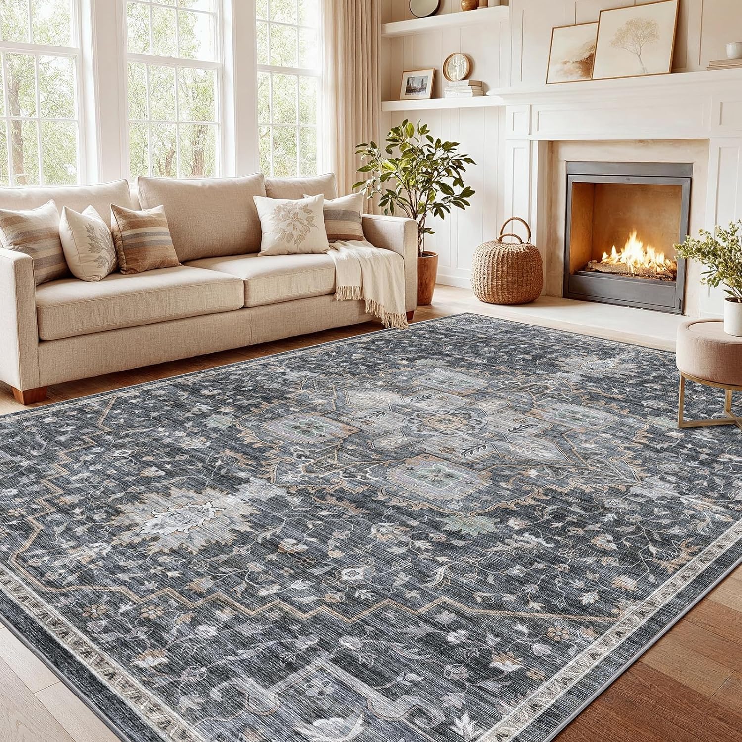 AMADA HOMEFURNISHING 8x10 Washable Area Rug, Low-Profile Large Area Rug with Non-Slip Backing & Durable Edge Binding, Vintage Large Rugs for Living Room, Bedroom, Dining Room