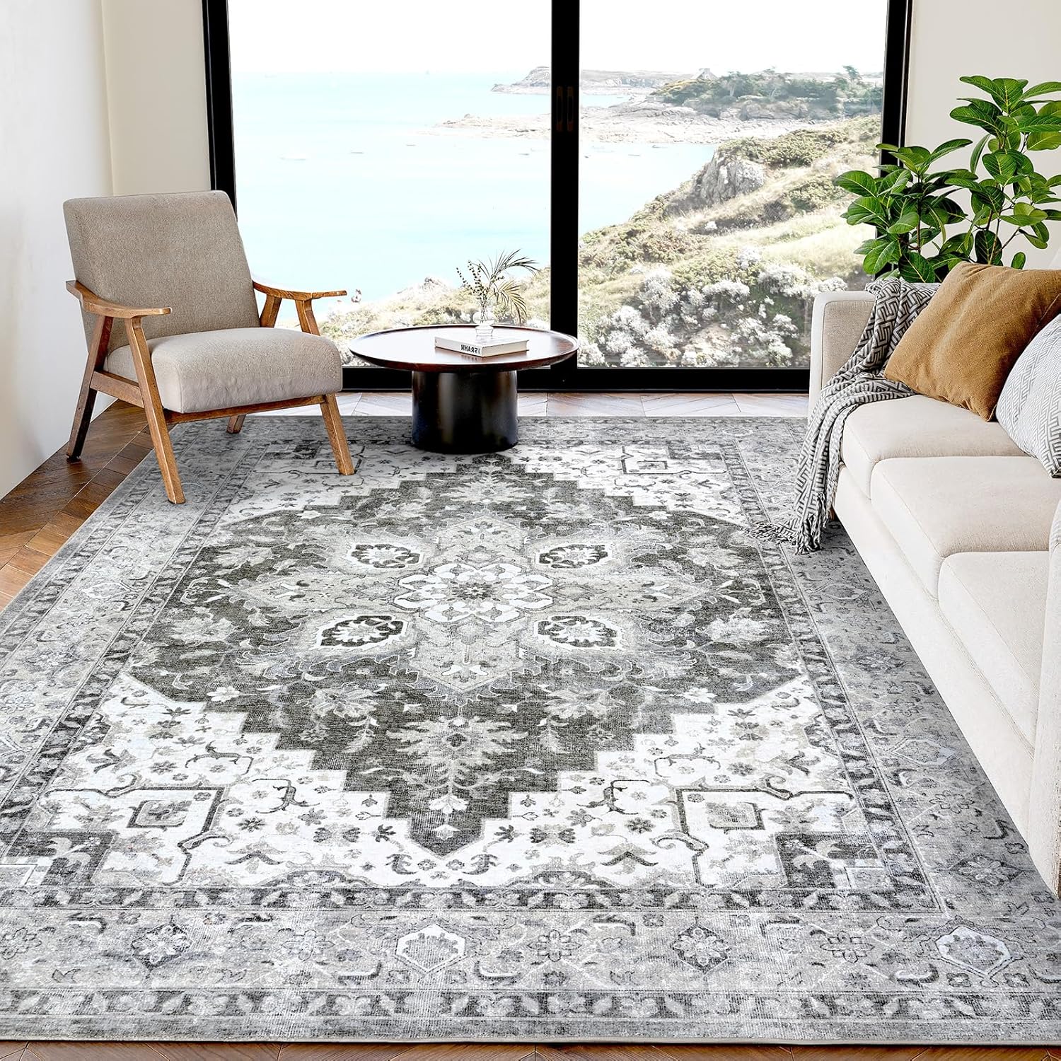 AMADA HOMEFURNISHING 8x10 Washable Area Rug, Low-Profile Large Area Rug with Non-Slip Backing & Durable Edge Binding, Vintage Large Rugs for Living Room, Bedroom, Dining Room