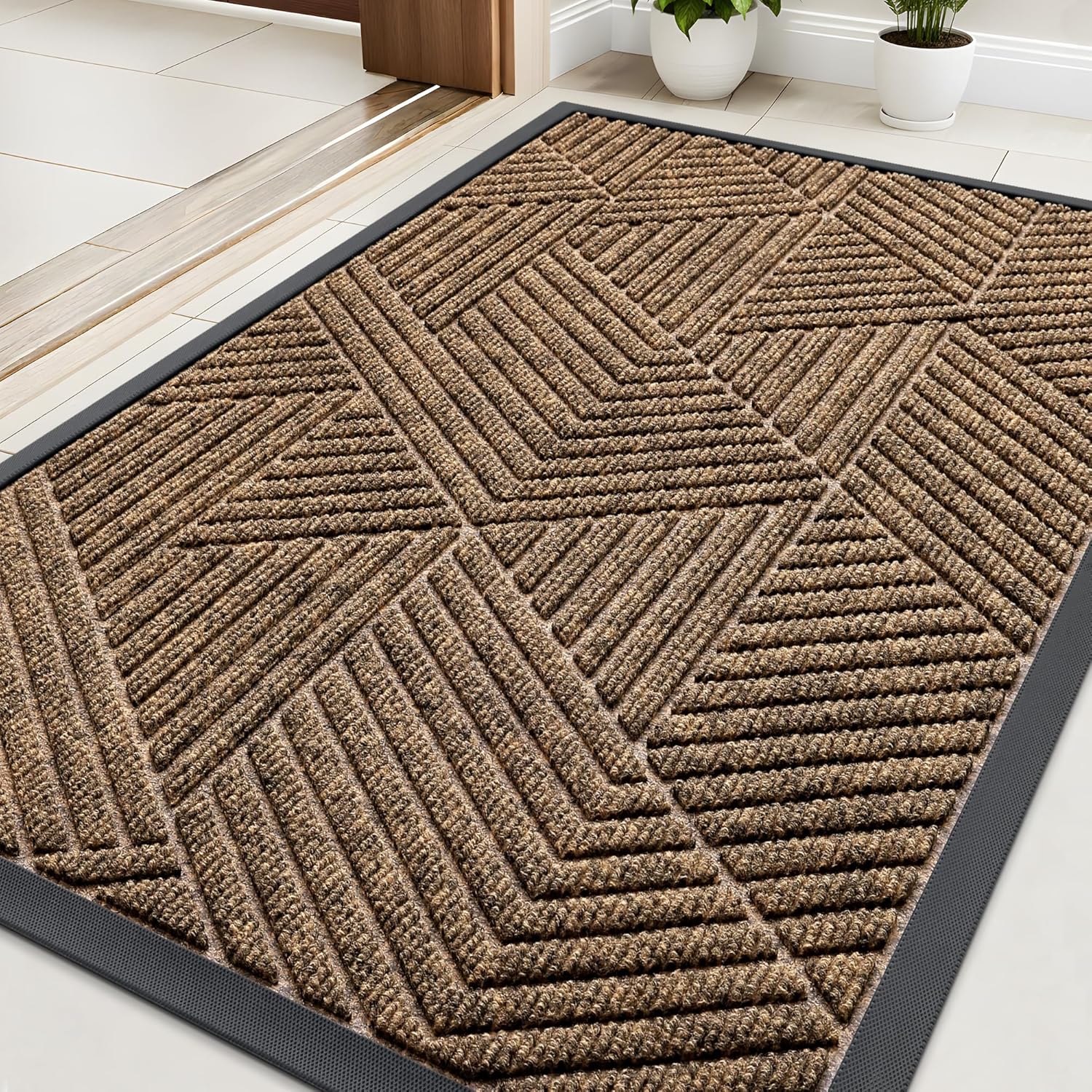 Kitinjoy Front Door Mat Outside Entrance, Sturdy Natural Dirt Trapper, Heavy Duty Rubber Doormat, Low Profile Non-Slip Backing, Easy Clean Floor Mat for Indoor Outdoor Entry, 47X32 Inch, Brown