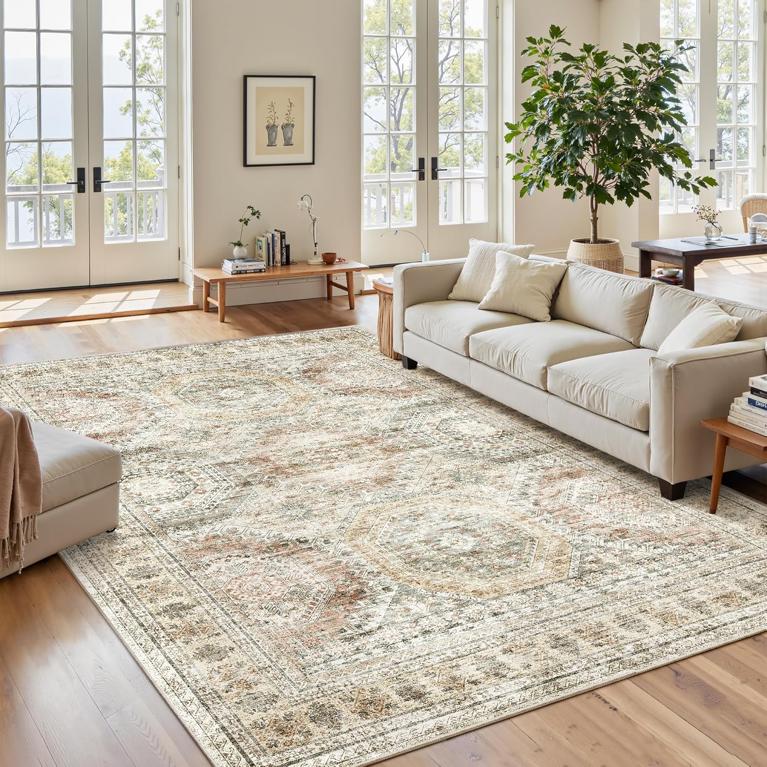 Washable Area Rug 8x10, Large Soft Rugs for Living Room Vintage Beige Carpet 8x10 Area Rugs for Bedroom Dining Room Non-Slip Stain Resistant Under Table Rug