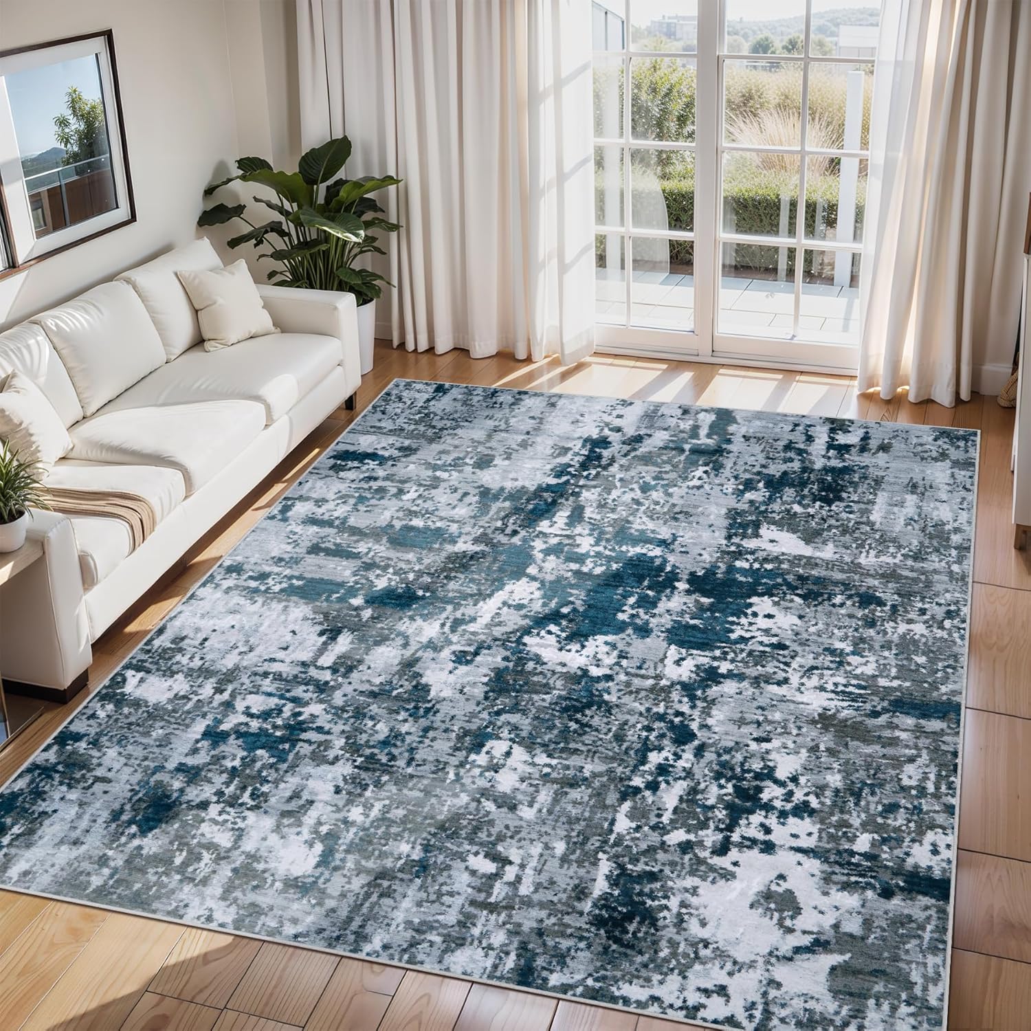 8x10 Area Rugs for Living Room Rug Washable: Abstract Large Rug for Dining Room Bedroom Carpet Non Slip 8 by 10 Indoor Modern Nursery Home Office Blue Grey