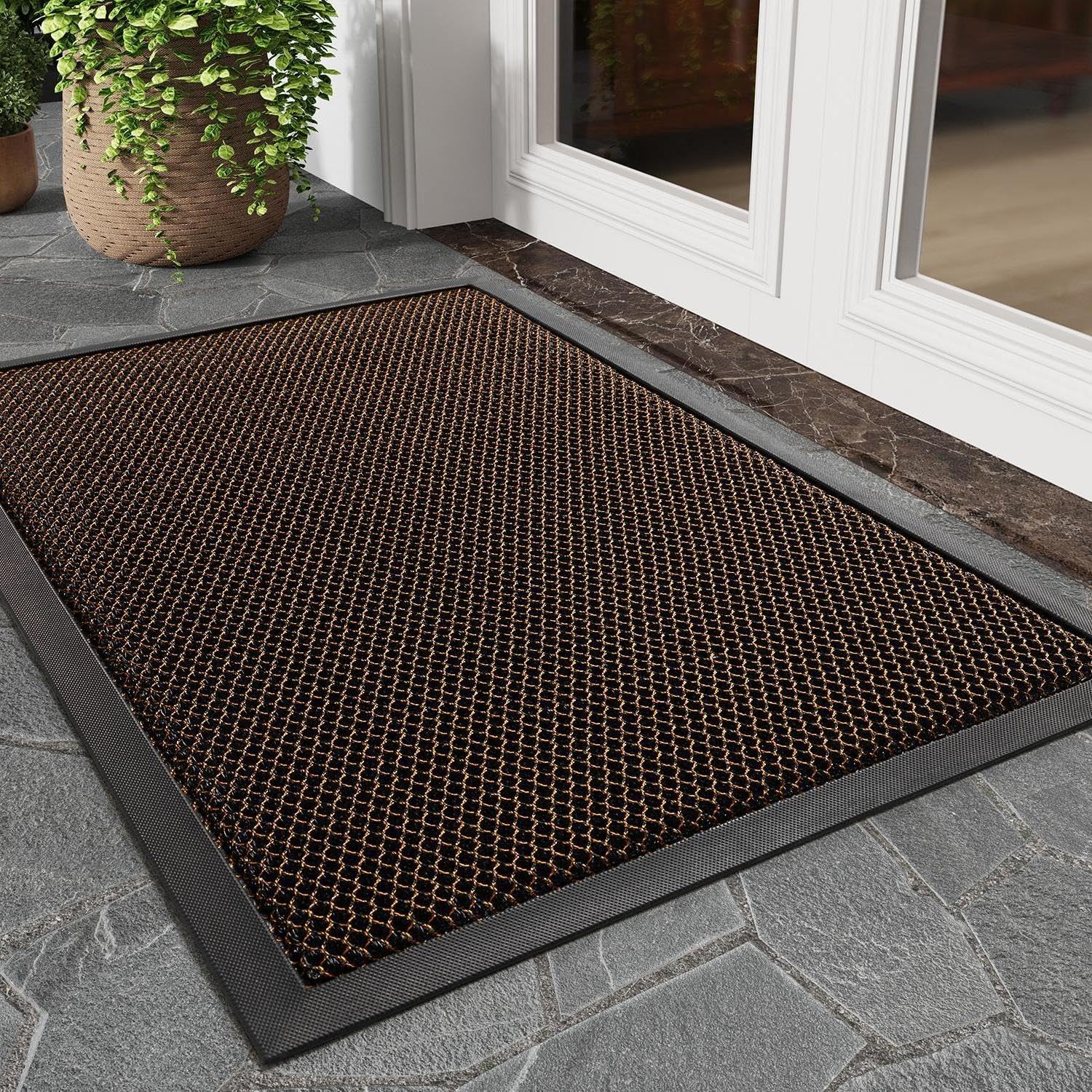 tchdio Front Door Mat Outside Entrance, Dirt Trapper Doormat-Entrance Welcome Matt Durable, Heavy Duty Entry Mat Non Slip Rubber Mats for Outside Stain Resist Door Mats for Entryway, 24"x36" Black