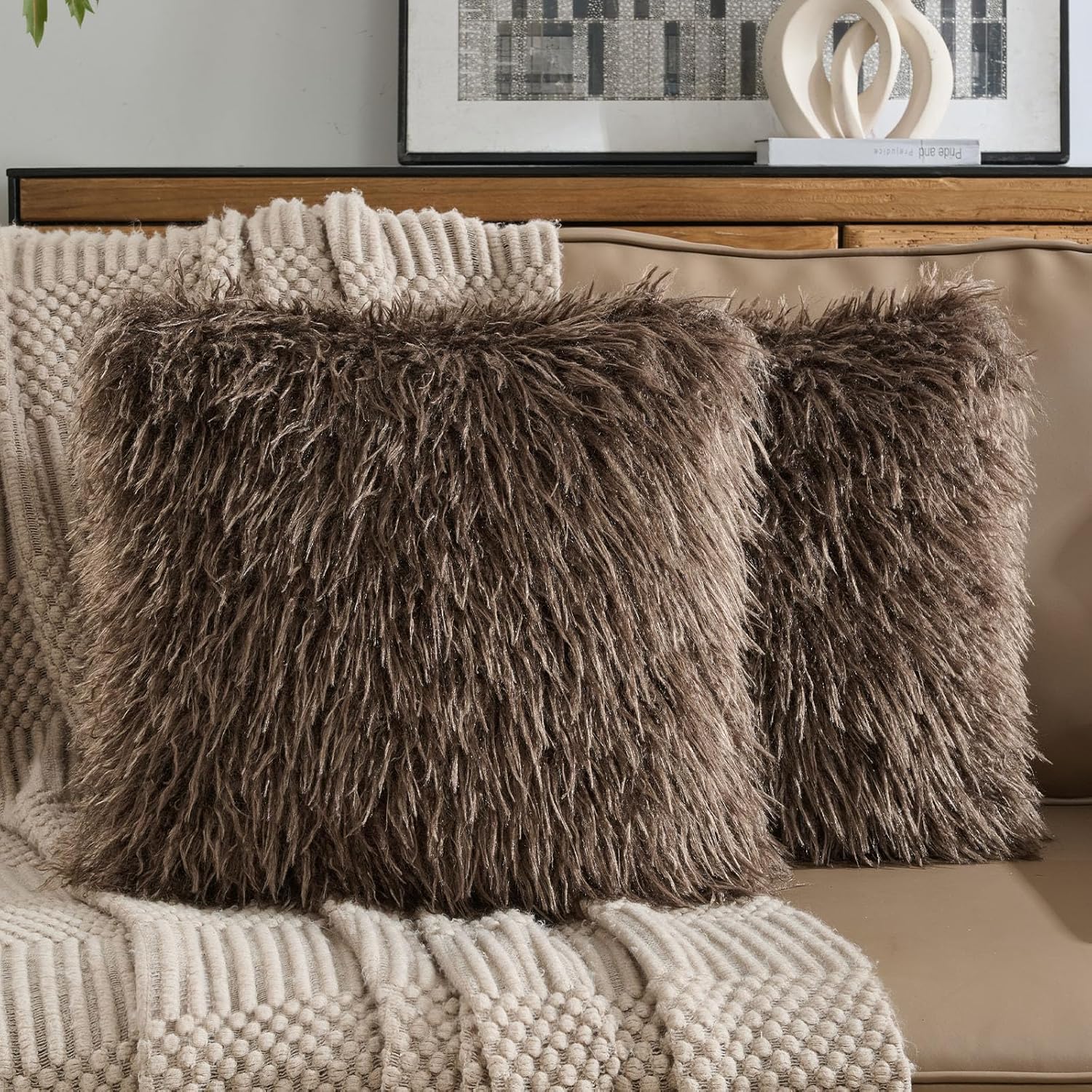 FUTEI Dark Coffee Decorative Throw Pillow Covers 18x18 Inch Set of 2,Soft Faux Fine Wool Textured Cushion Case,Luxury Home Decor for Couch Bed Living Room