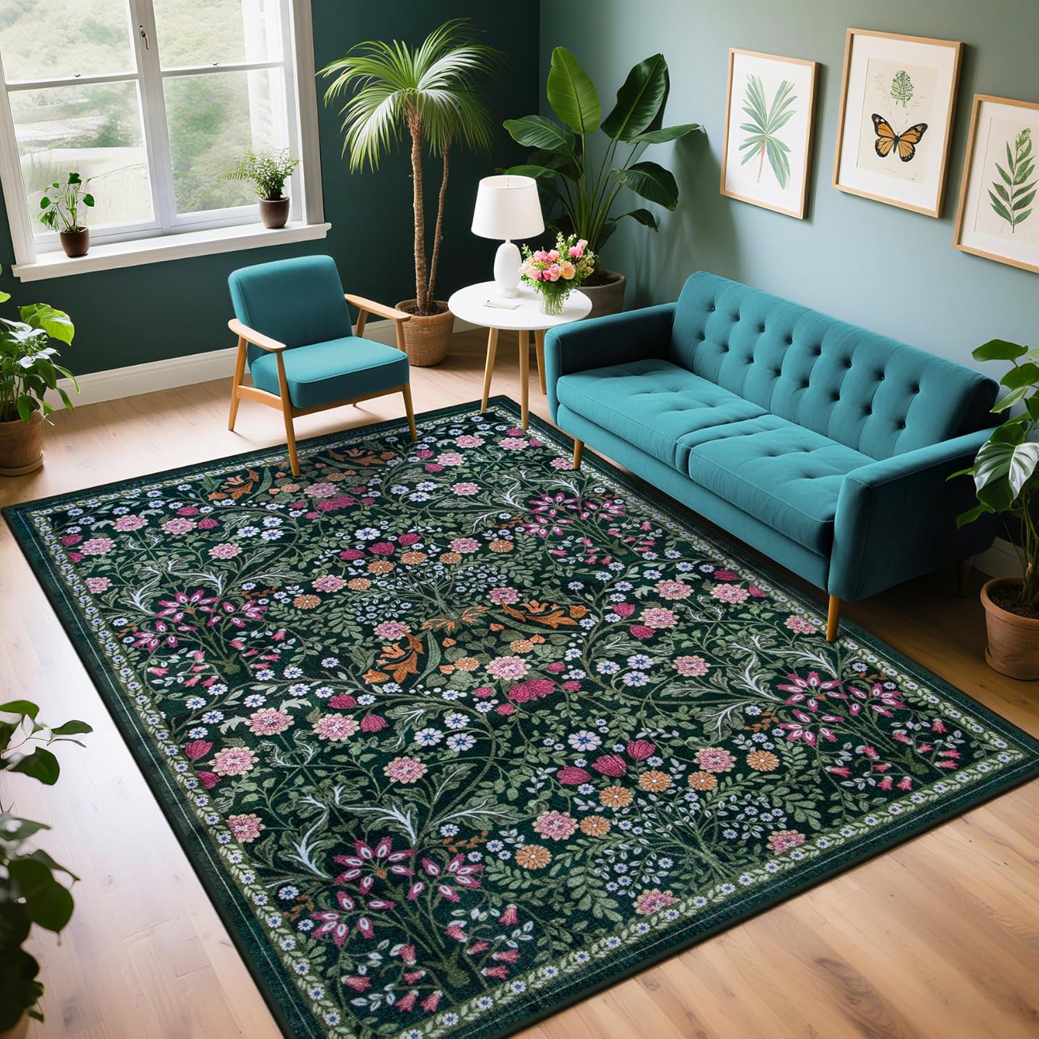 8x10 Area Rugs for Living Room: Floral Washable Rug Vintage Large Soft Boho Non-Slip Carpet Indoor Floor Stain Resistant Carpets for Bedroom Dining Room Farmhouse Nursery Home Office Dark Green