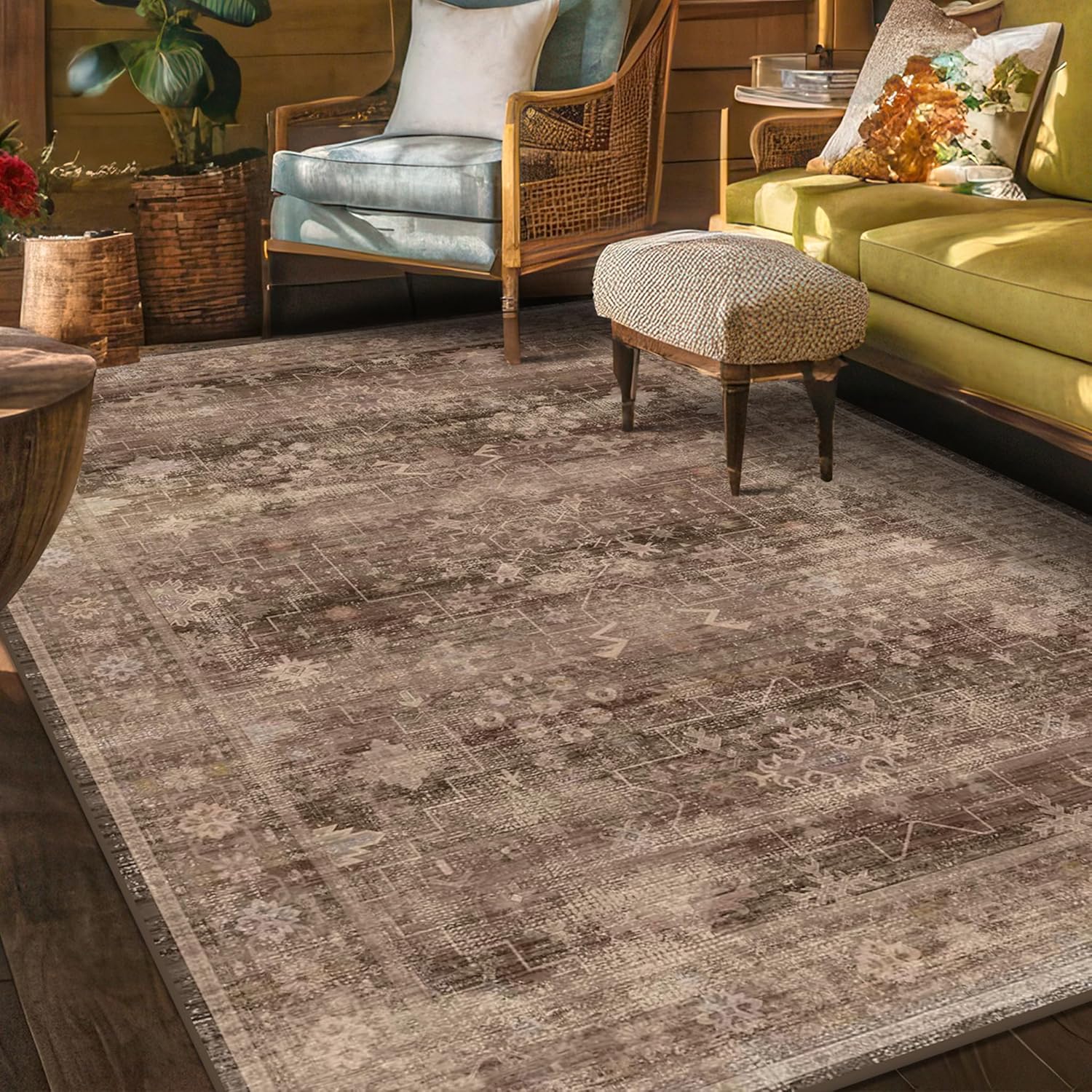 Black Farmhouse Washable 8x10 Area Rugs for Living Room, Bedroom, Dining Room Kitchen Table Rug for Under Table, Office, Dark Charcoal Tumble Stain Resistant Non-Slip Large Washable (8x10 Black/Multi)