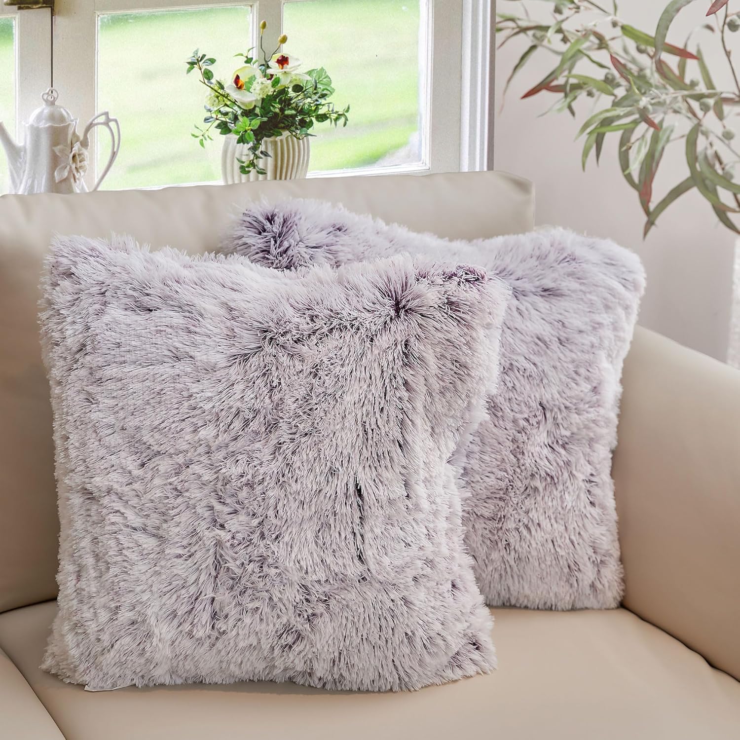 Cheer Collection Throw Pillows for Couch and Bed, Soft Shaggy Throw Pillows with Inserts Included, Cozy Long Hair Faux Fur Pillows - Set of 2-18" x 18" - Gray