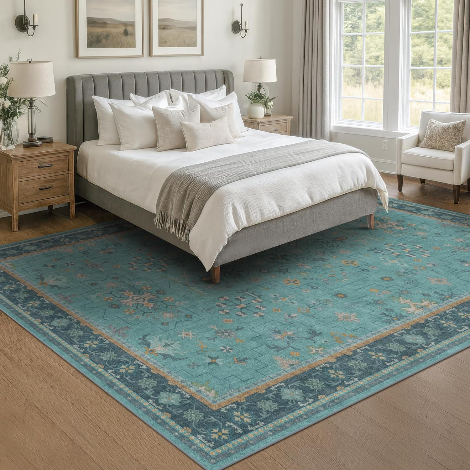 Black Farmhouse Washable 8x10 Area Rugs for Living Room, Bedroom, Dining Room Kitchen Table Rug for Under Table, Office, Dark Charcoal Tumble Stain Resistant Non-Slip Large Washable (8x10 Black/Multi)