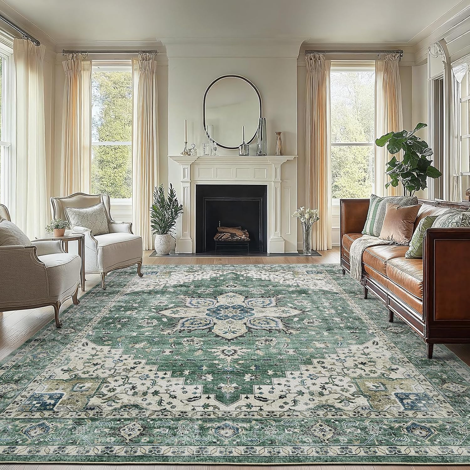 AMADA HOMEFURNISHING 8x10 Washable Area Rug, Low-Profile Large Area Rug with Non-Slip Backing & Durable Edge Binding, Vintage Large Rugs for Living Room, Bedroom, Dining Room