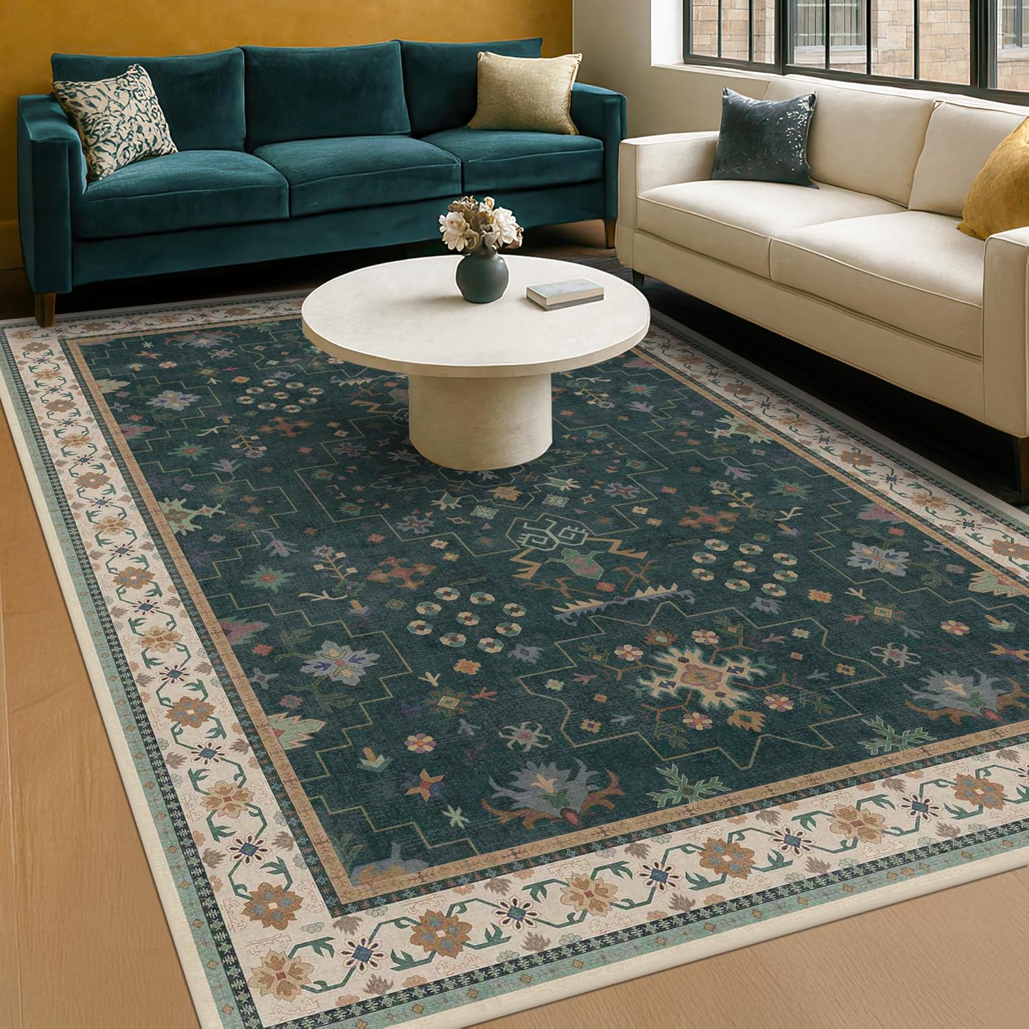 Black Farmhouse Washable 8x10 Area Rugs for Living Room, Bedroom, Dining Room Kitchen Table Rug for Under Table, Office, Dark Charcoal Tumble Stain Resistant Non-Slip Large Washable (8x10 Black/Multi)