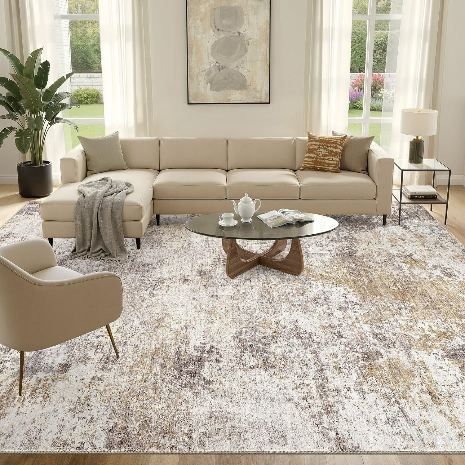 Nakagishi 8X10 Area Rugs for Living Room: Washable Modern Abstract Rug with Non-Slip Silicone Backing Low Pile Soft Carpet for Bedroom & Dining Decor Ideal for Families with Kids and Pets-Brown