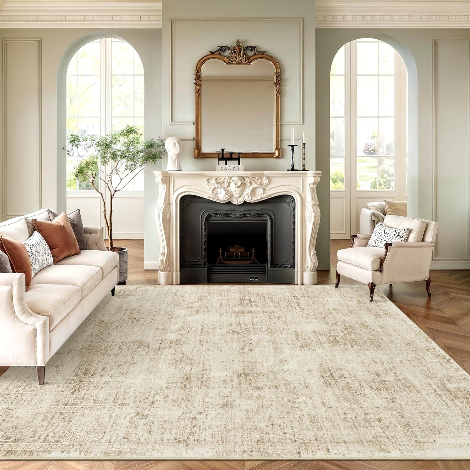 Washable Area Rug 8x10, Large Soft Rugs for Living Room Vintage Beige Carpet 8x10 Area Rugs for Bedroom Dining Room Non-Slip Stain Resistant Under Table Rug