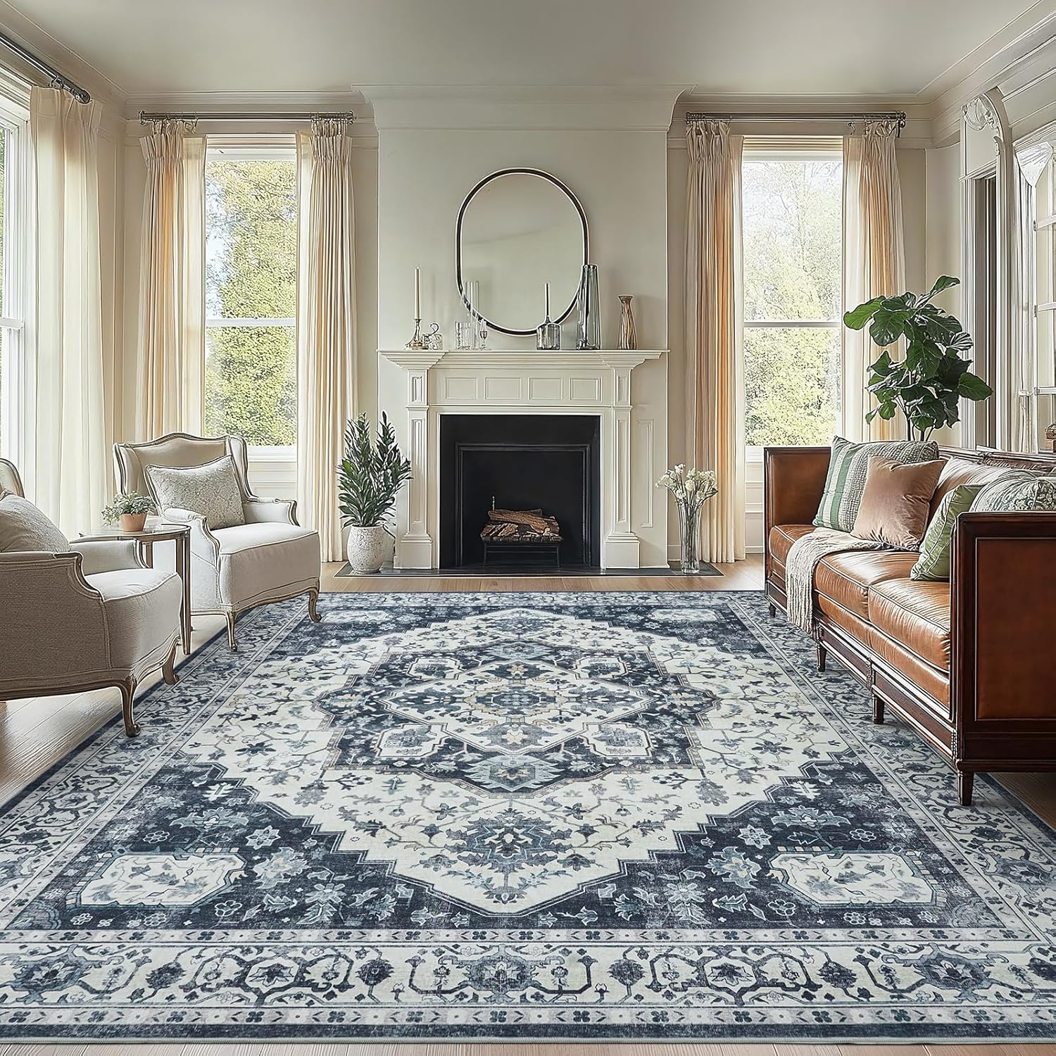 AMADA HOMEFURNISHING 8x10 Washable Area Rug, Low-Profile Large Area Rug with Non-Slip Backing & Durable Edge Binding, Vintage Large Rugs for Living Room, Bedroom, Dining Room