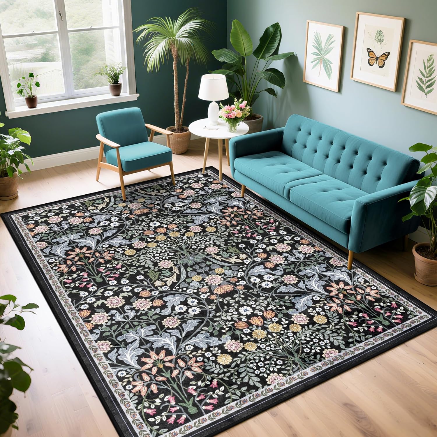8x10 Area Rugs for Living Room: Floral Washable Rug Vintage Large Soft Boho Non-Slip Carpet Indoor Floor Stain Resistant Carpets for Bedroom Dining Room Farmhouse Nursery Home Office Dark Green