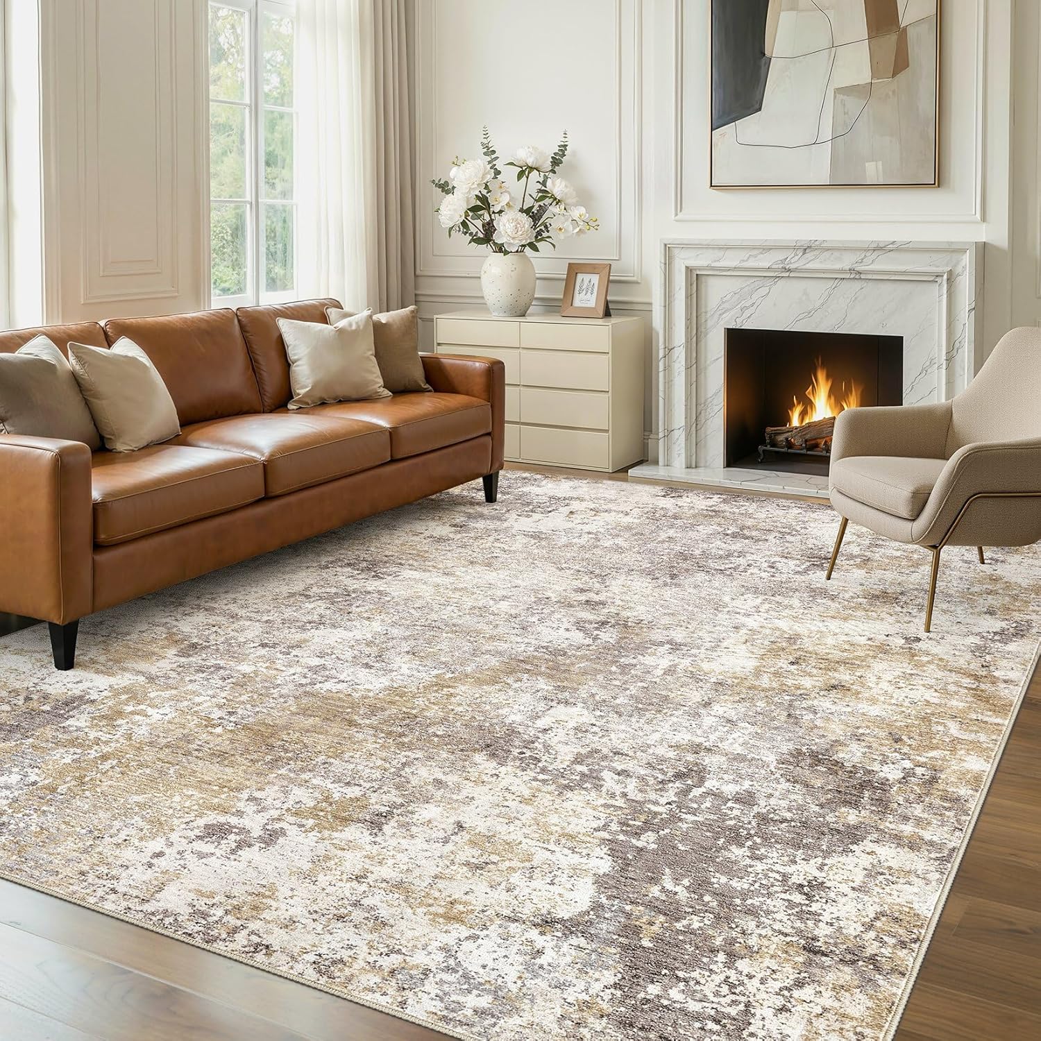 Nakagishi 8X10 Area Rugs for Living Room: Washable Modern Abstract Rug with Non-Slip Silicone Backing Low Pile Soft Carpet for Bedroom & Dining Decor Ideal for Families with Kids and Pets-Brown