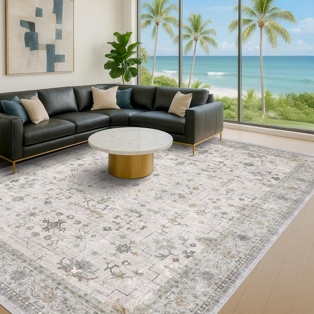 Black Farmhouse Washable 8x10 Area Rugs for Living Room, Bedroom, Dining Room Kitchen Table Rug for Under Table, Office, Dark Charcoal Tumble Stain Resistant Non-Slip Large Washable (8x10 Black/Multi)