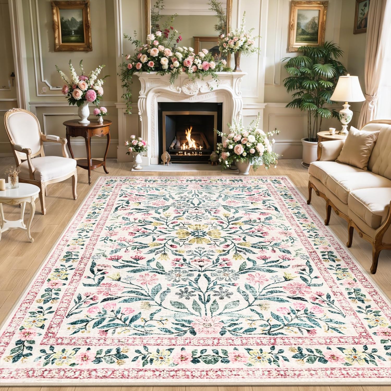 8x10 Area Rugs for Living Room: Floral Washable Rug Vintage Large Soft Boho Non-Slip Carpet Indoor Floor Stain Resistant Carpets for Bedroom Dining Room Farmhouse Nursery Home Office Dark Green