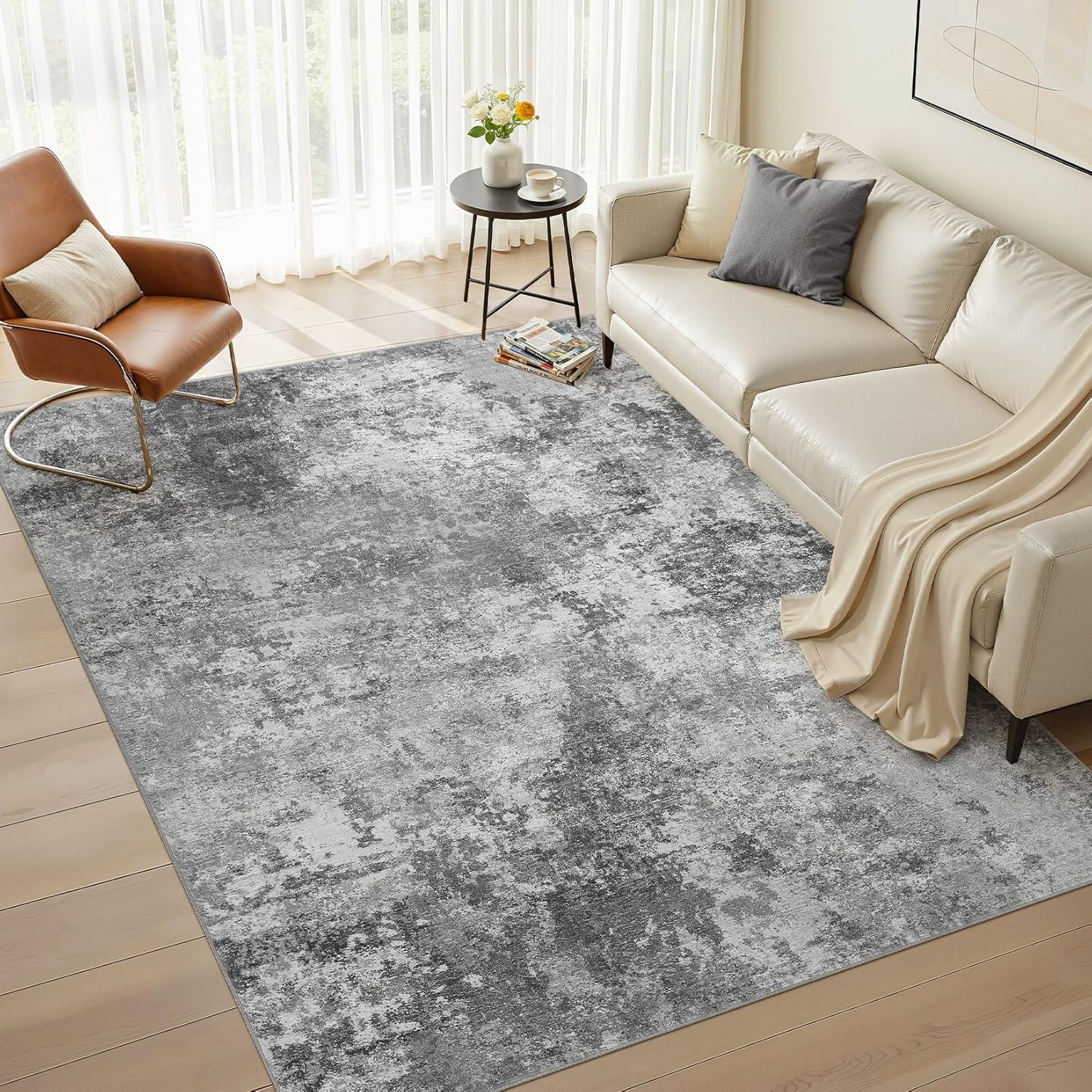 Nakagishi 8X10 Area Rugs for Living Room: Washable Modern Abstract Rug with Non-Slip Silicone Backing Low Pile Soft Carpet for Bedroom & Dining Decor Ideal for Families with Kids and Pets-Brown