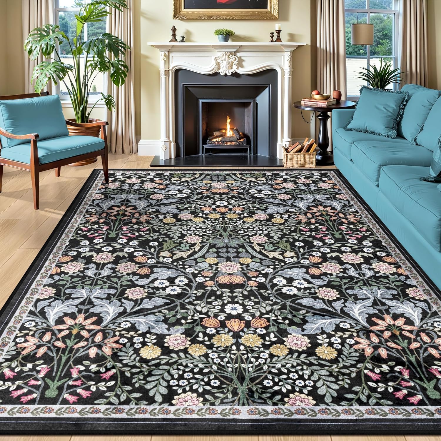 8x10 Area Rugs for Living Room: Floral Washable Rug Vintage Large Soft Boho Non-Slip Carpet Indoor Floor Stain Resistant Carpets for Bedroom Dining Room Farmhouse Nursery Home Office Dark Green