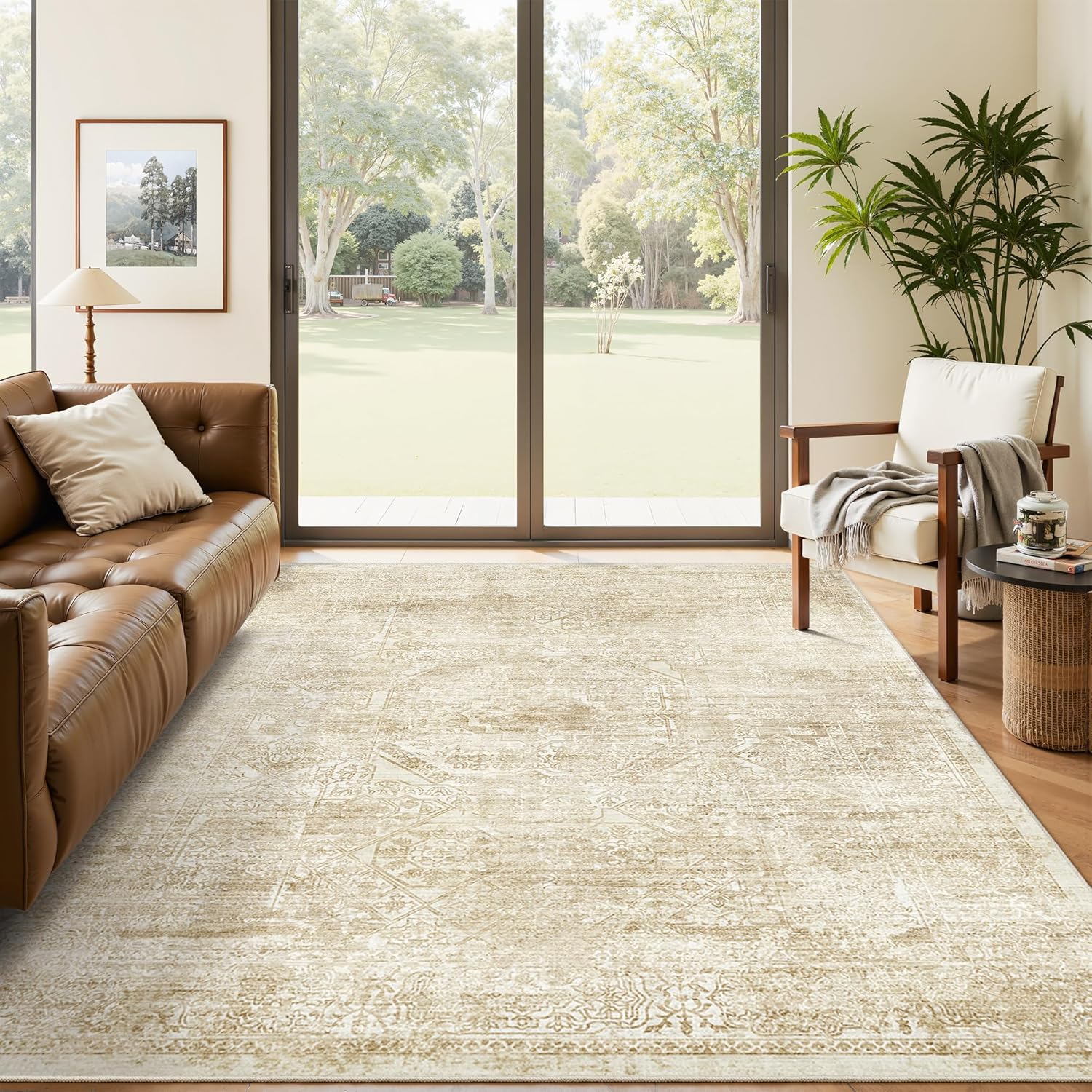 Washable Area Rug 8x10, Large Soft Rugs for Living Room Vintage Beige Carpet 8x10 Area Rugs for Bedroom Dining Room Non-Slip Stain Resistant Under Table Rug