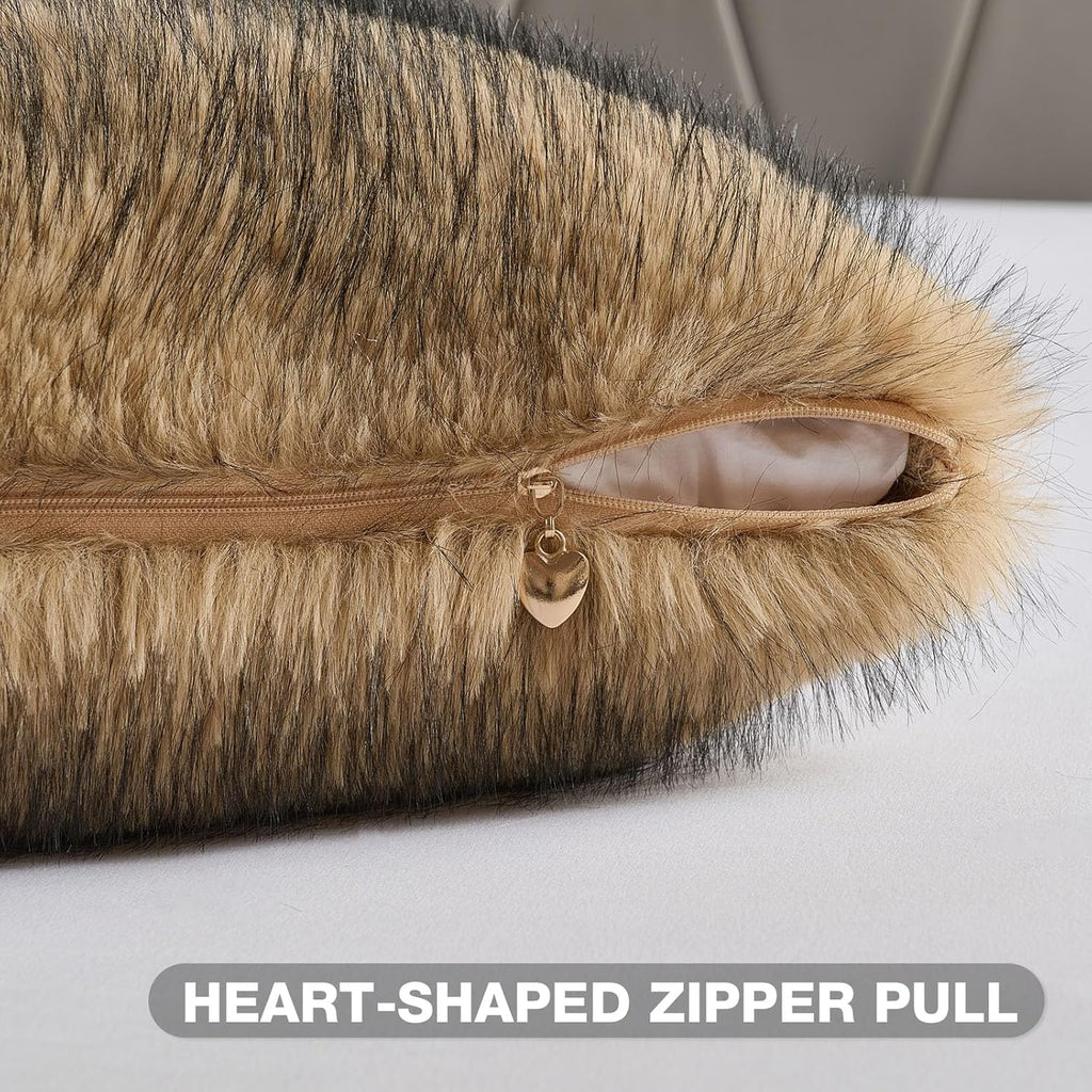 FUTEI Tawny Decorative Throw Pillow Covers 18x18 Inch Set of 2,Soft Faux Raccoon Fur Textured Cushion Case,Modern Home Luxurious Decor for Couch Bed Living Room