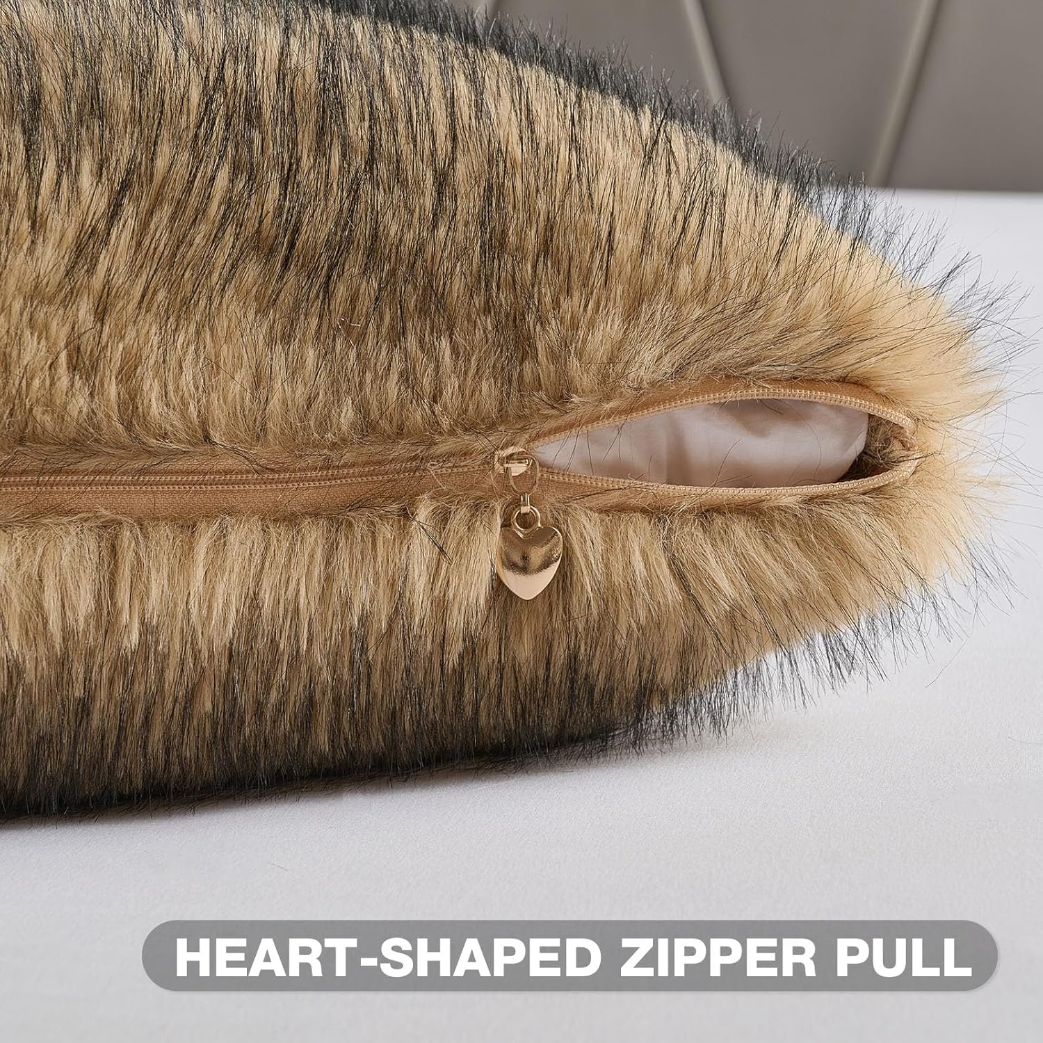 FUTEI Tawny Decorative Throw Pillow Covers 18x18 Inch Set of 2,Soft Faux Raccoon Fur Textured Cushion Case,Modern Home Luxurious Decor for Couch Bed Living Room