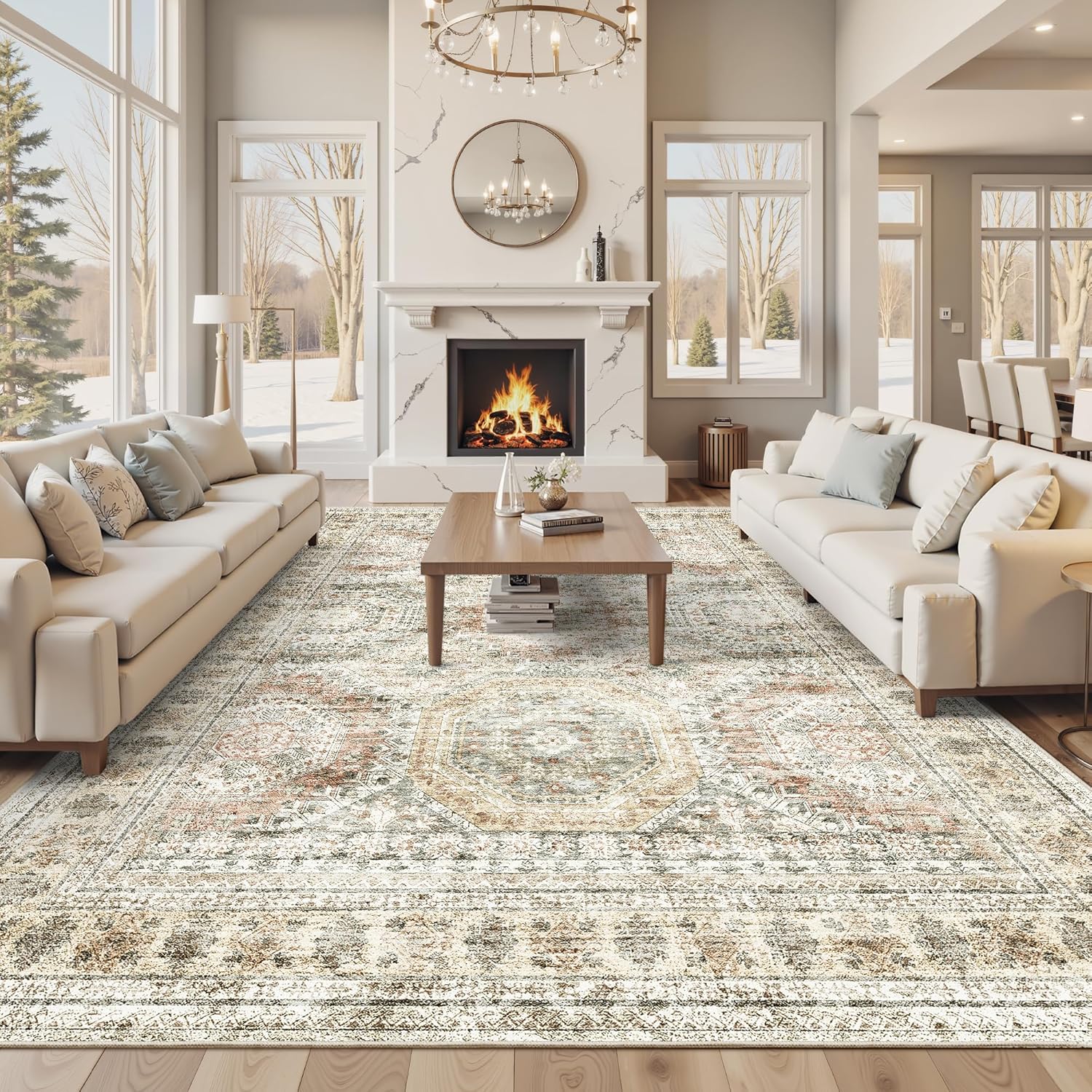 Washable Area Rug 8x10, Large Soft Rugs for Living Room Vintage Beige Carpet 8x10 Area Rugs for Bedroom Dining Room Non-Slip Stain Resistant Under Table Rug
