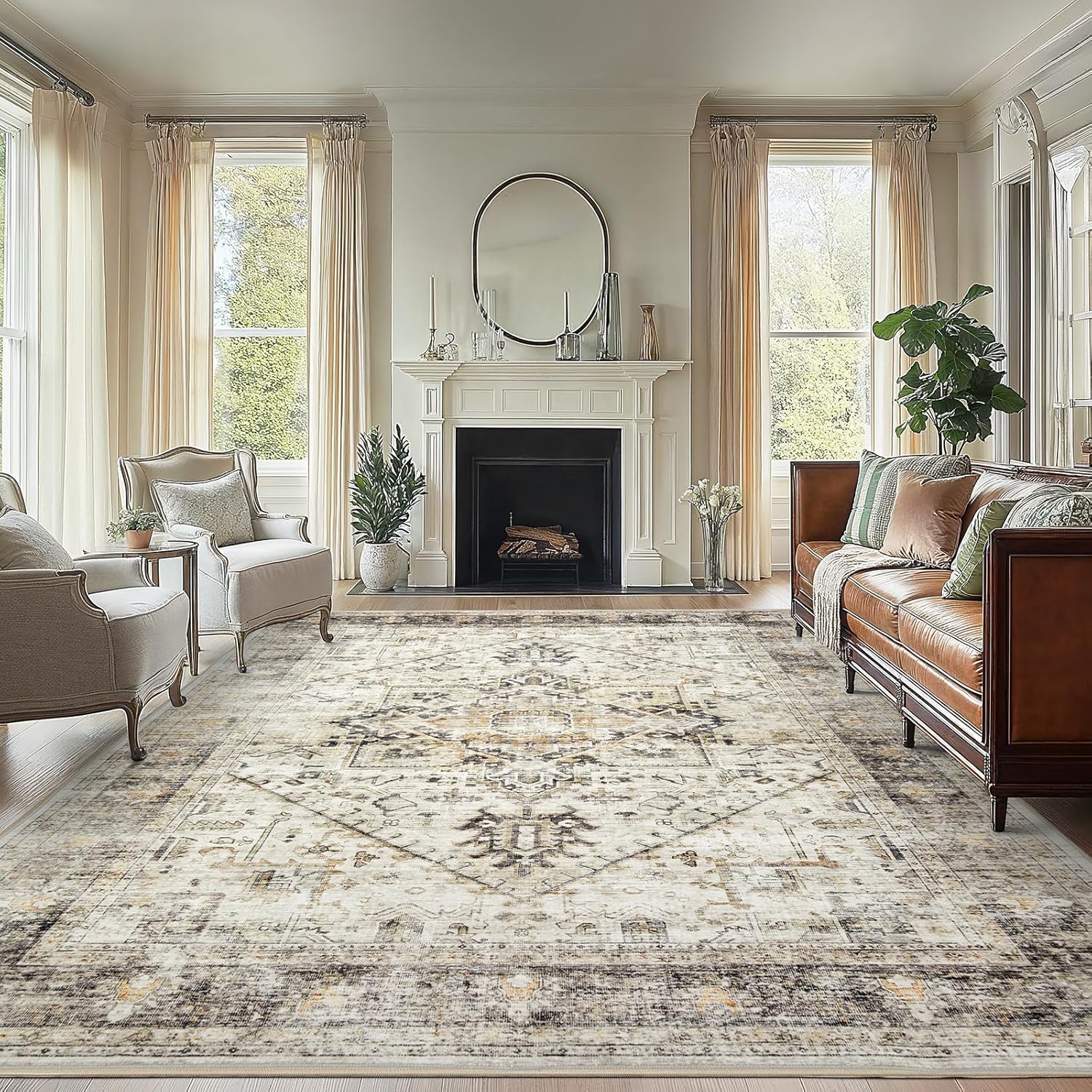 AMADA HOMEFURNISHING 8x10 Washable Area Rug, Low-Profile Large Area Rug with Non-Slip Backing & Durable Edge Binding, Vintage Large Rugs for Living Room, Bedroom, Dining Room