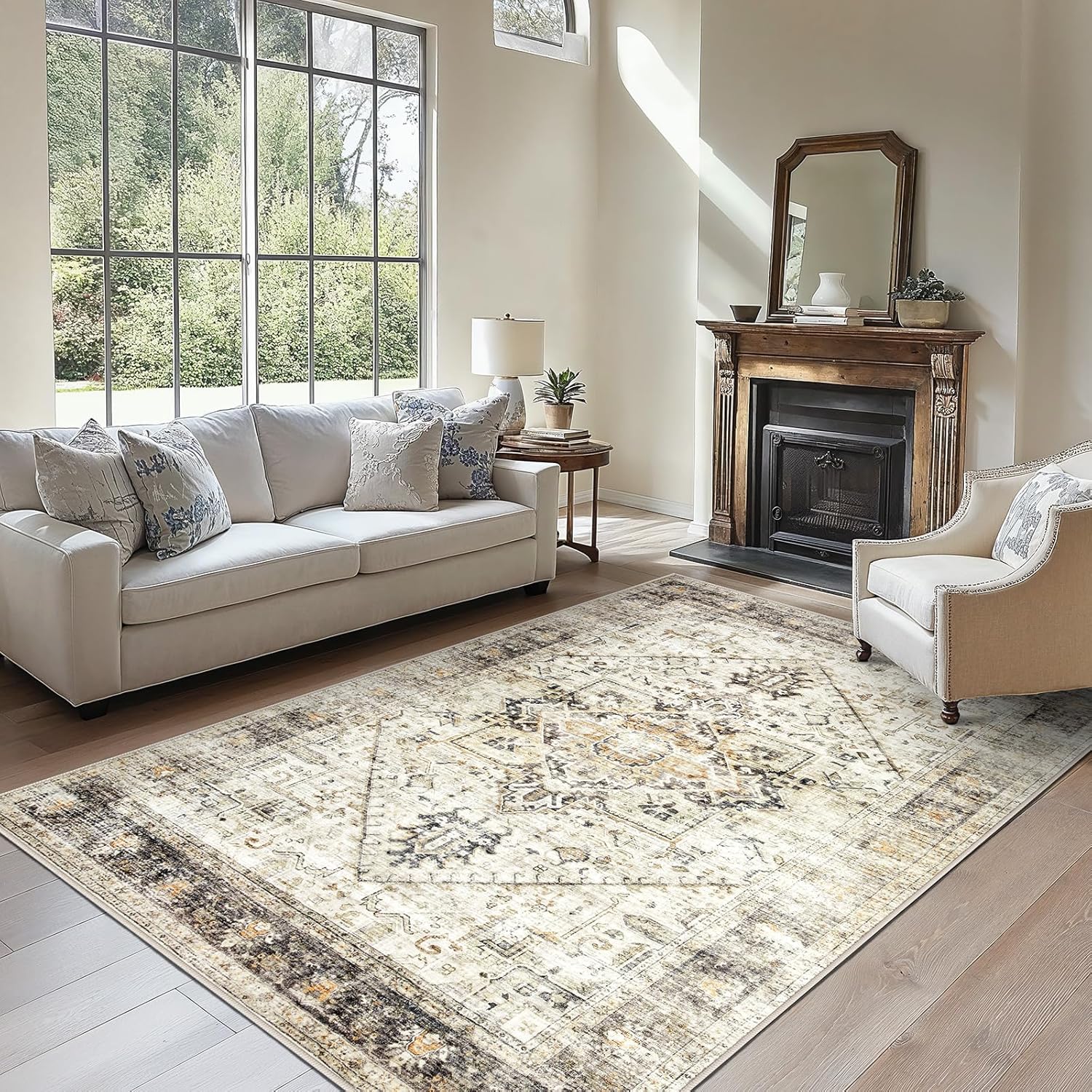 AMADA HOMEFURNISHING 8x10 Washable Area Rug, Low-Profile Large Area Rug with Non-Slip Backing & Durable Edge Binding, Vintage Large Rugs for Living Room, Bedroom, Dining Room