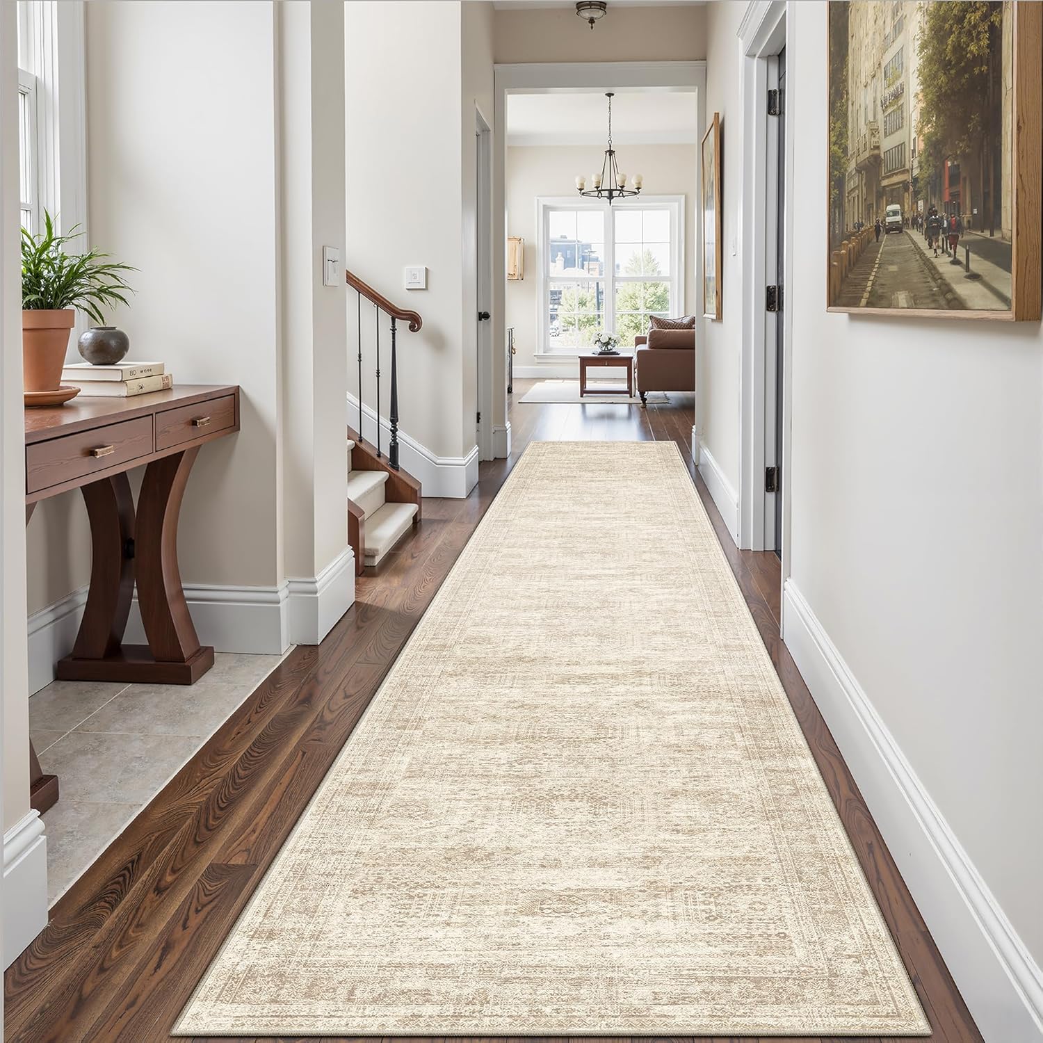 Washable Area Rug 8x10, Large Soft Rugs for Living Room Vintage Beige Carpet 8x10 Area Rugs for Bedroom Dining Room Non-Slip Stain Resistant Under Table Rug