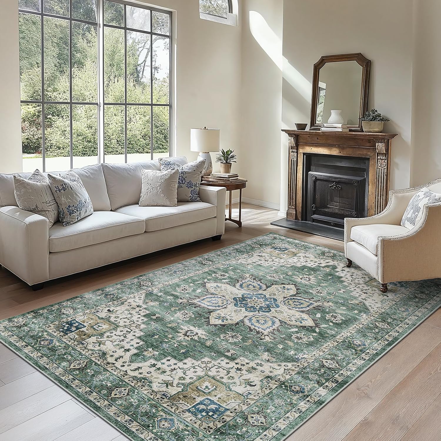 AMADA HOMEFURNISHING 8x10 Washable Area Rug, Low-Profile Large Area Rug with Non-Slip Backing & Durable Edge Binding, Vintage Large Rugs for Living Room, Bedroom, Dining Room