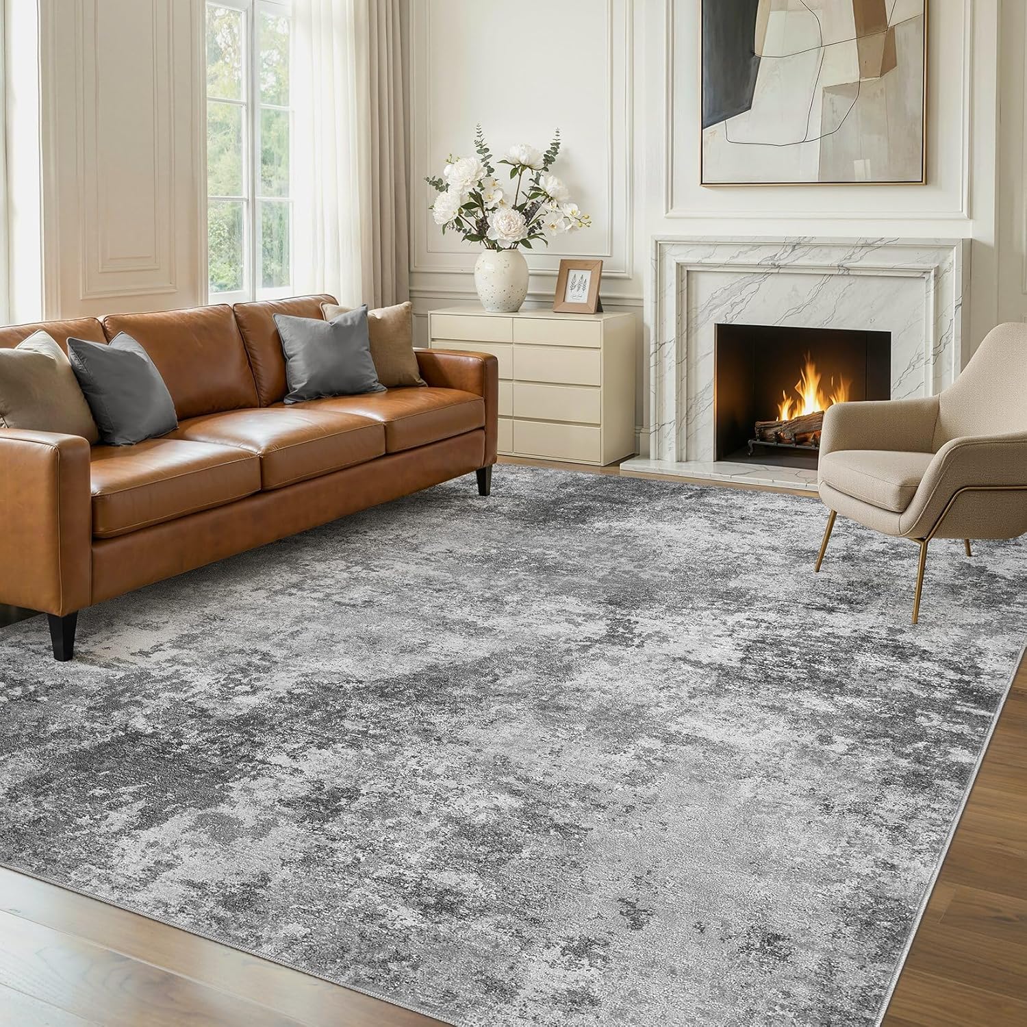 Nakagishi 8X10 Area Rugs for Living Room: Washable Modern Abstract Rug with Non-Slip Silicone Backing Low Pile Soft Carpet for Bedroom & Dining Decor Ideal for Families with Kids and Pets-Brown