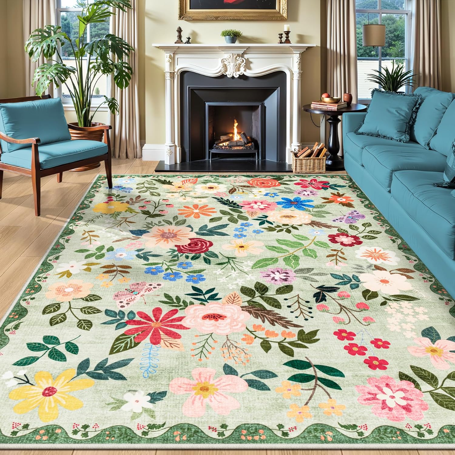 8x10 Area Rugs for Living Room: Floral Washable Rug Vintage Large Soft Boho Non-Slip Carpet Indoor Floor Stain Resistant Carpets for Bedroom Dining Room Farmhouse Nursery Home Office Dark Green