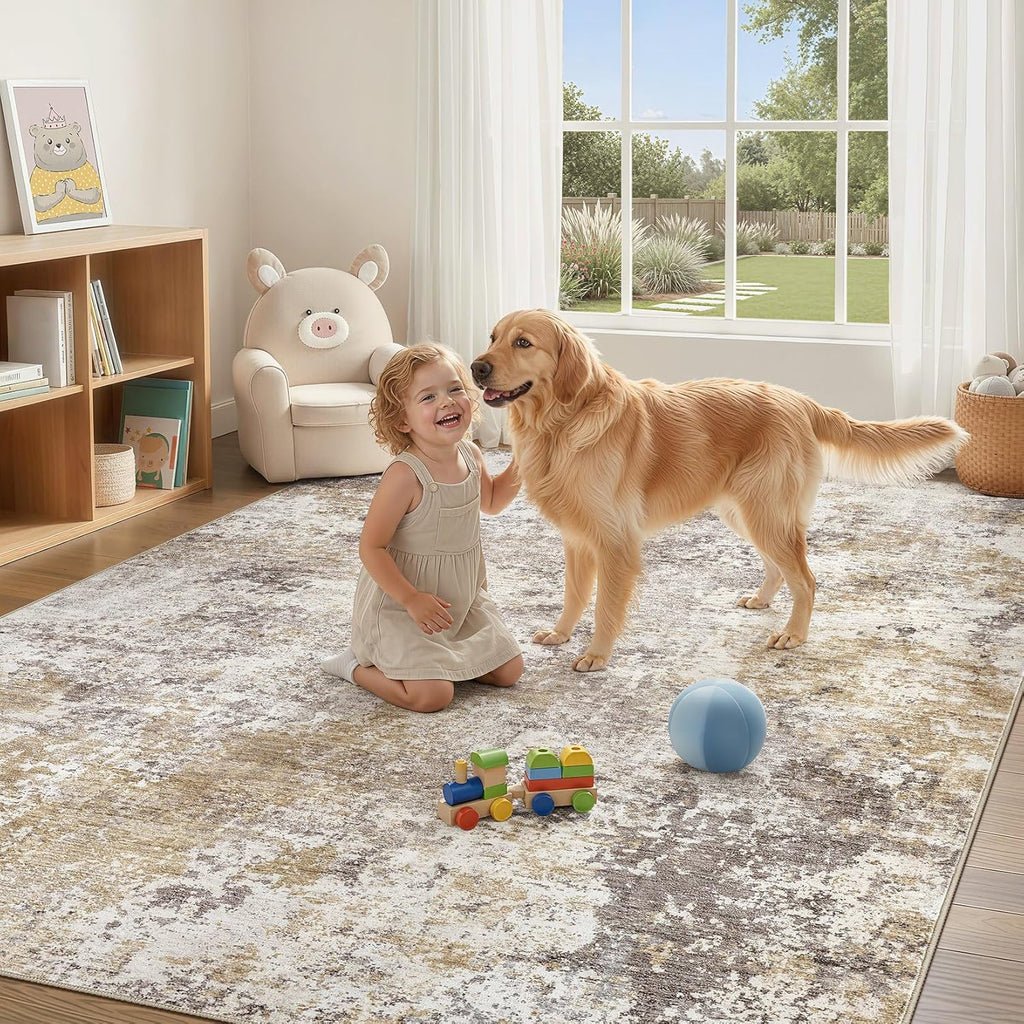 Nakagishi 8X10 Area Rugs for Living Room: Washable Modern Abstract Rug with Non-Slip Silicone Backing Low Pile Soft Carpet for Bedroom & Dining Decor Ideal for Families with Kids and Pets-Brown