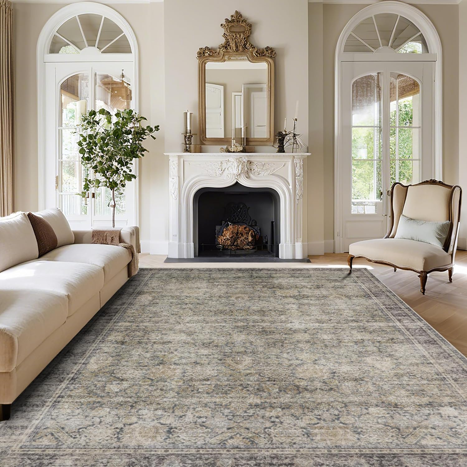 Washable Rugs 8x10 Area Rugs for Living Room,Ultra Soft Faux Wool Retro Rugs for Bedroom,Dining Room,Non Slip&Non-Shedding Low Pile Vintage Print Rug Indoor Large Carpets for Home Office Decor