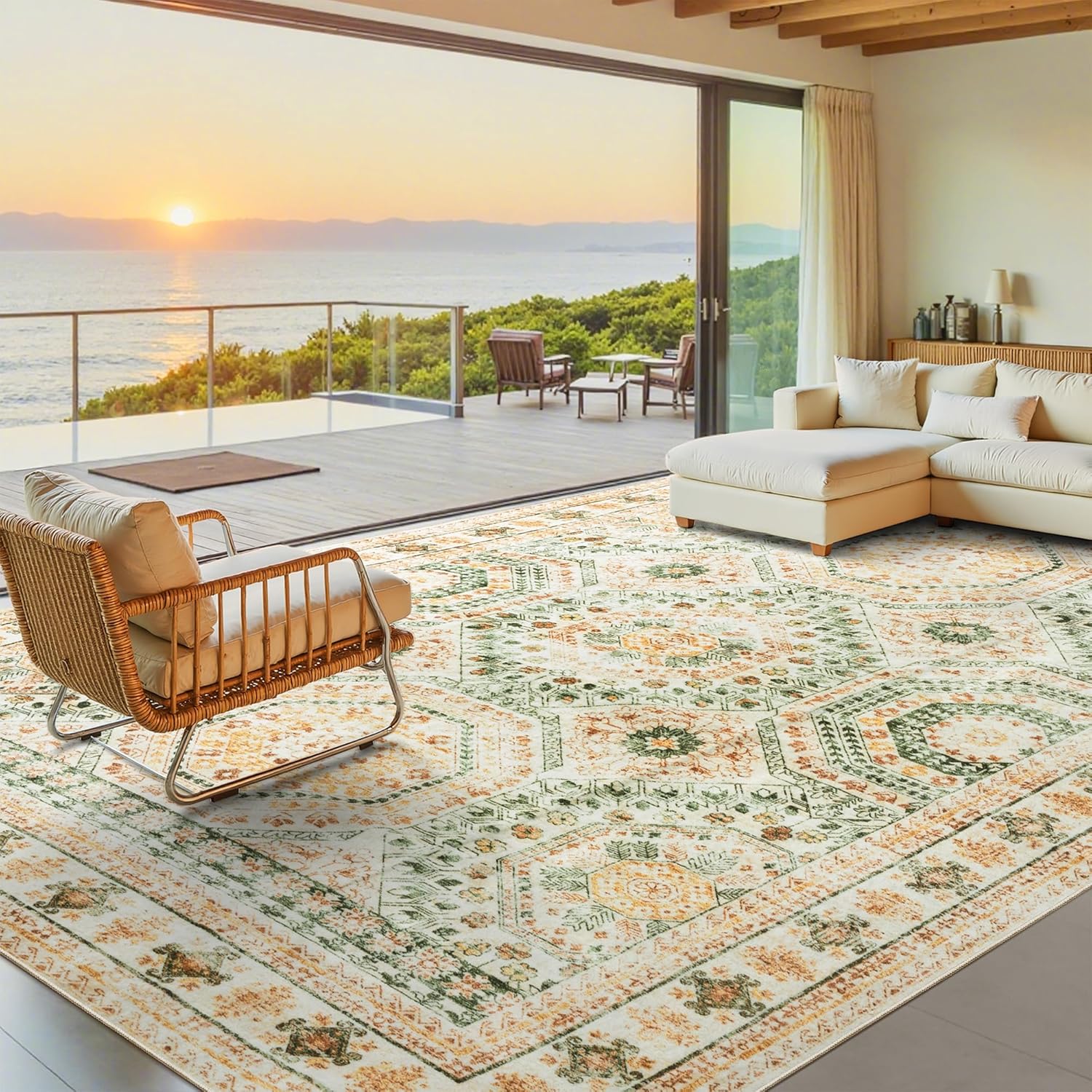 Washable Area Rug 8x10, Large Soft Rugs for Living Room Vintage Beige Carpet 8x10 Area Rugs for Bedroom Dining Room Non-Slip Stain Resistant Under Table Rug