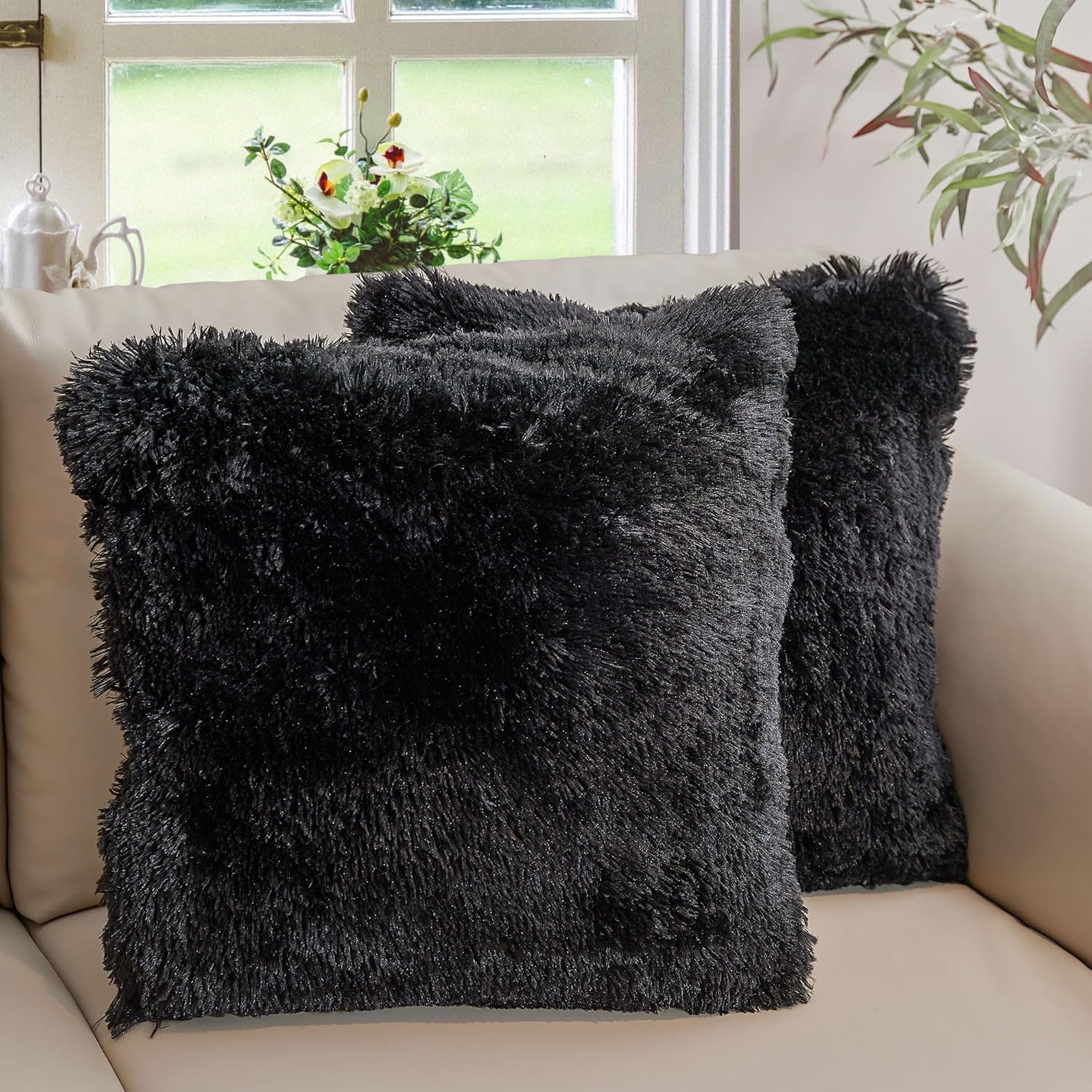 Cheer Collection Throw Pillows for Couch and Bed, Soft Shaggy Throw Pillows with Inserts Included, Cozy Long Hair Faux Fur Pillows - Set of 2-18" x 18" - Gray