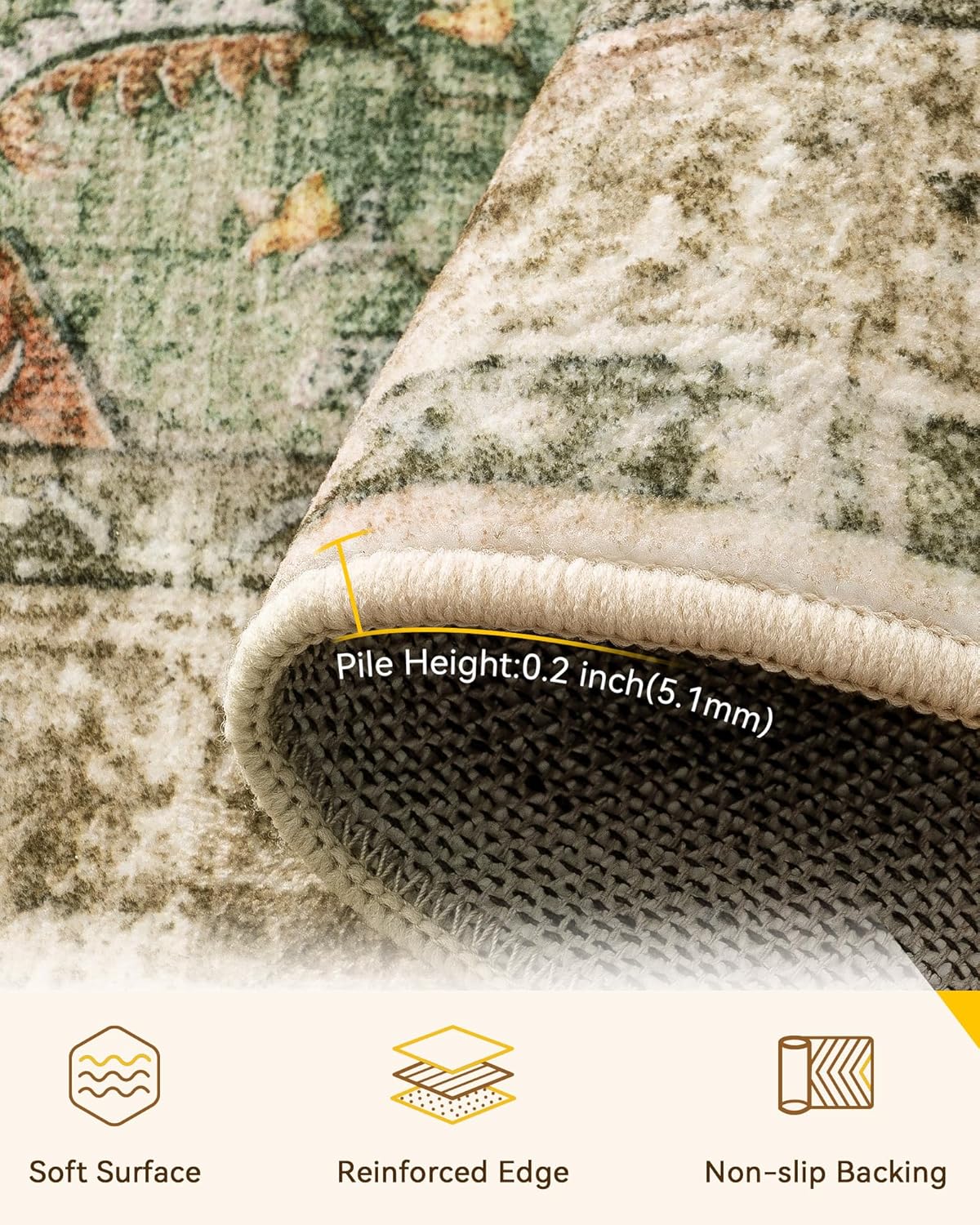 Area Rugs 5'x7' Washable Non-Slip, Floral Vintage Distress Print Pattern Medallion Carpet for Living Room Bedroom Dining Room, Brick Red Rust Neutral Brown Burnt Orange Green