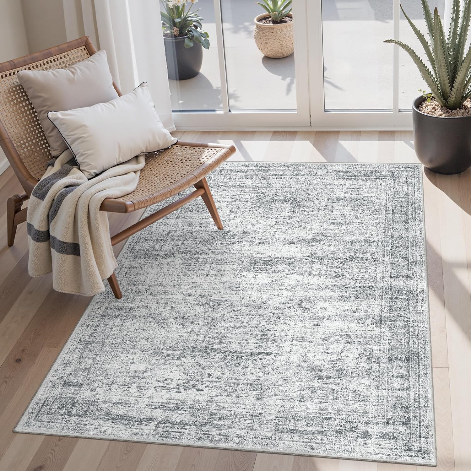 Washable Area Rug 8x10, Large Soft Rugs for Living Room Vintage Beige Carpet 8x10 Area Rugs for Bedroom Dining Room Non-Slip Stain Resistant Under Table Rug
